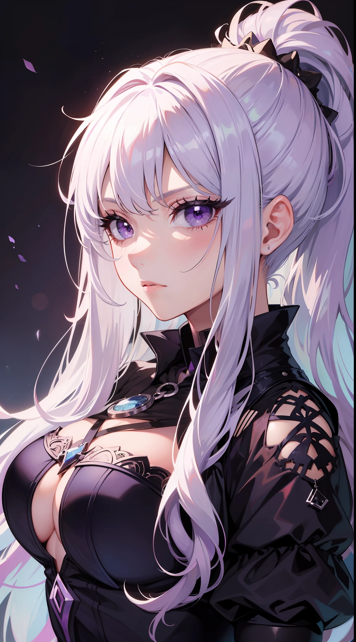 Young girl, long white hair, high ponytail, purple eyes, purple princess dress, evil look, masterpiece, high quality