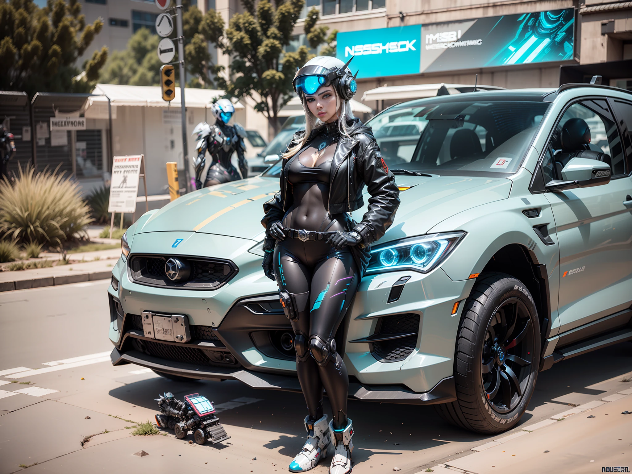 Sexy beautiful cyberpunk female warrior wearing black mecha, white cyberpunk mech full surround helmet, Nousr, biomechanics, MSHN robot woman, high-tech helmet, surreal, steel, complex design, crazy details, fine details, extremely clear lines, cinematic lighting, photo realistic, detailed masterpiece