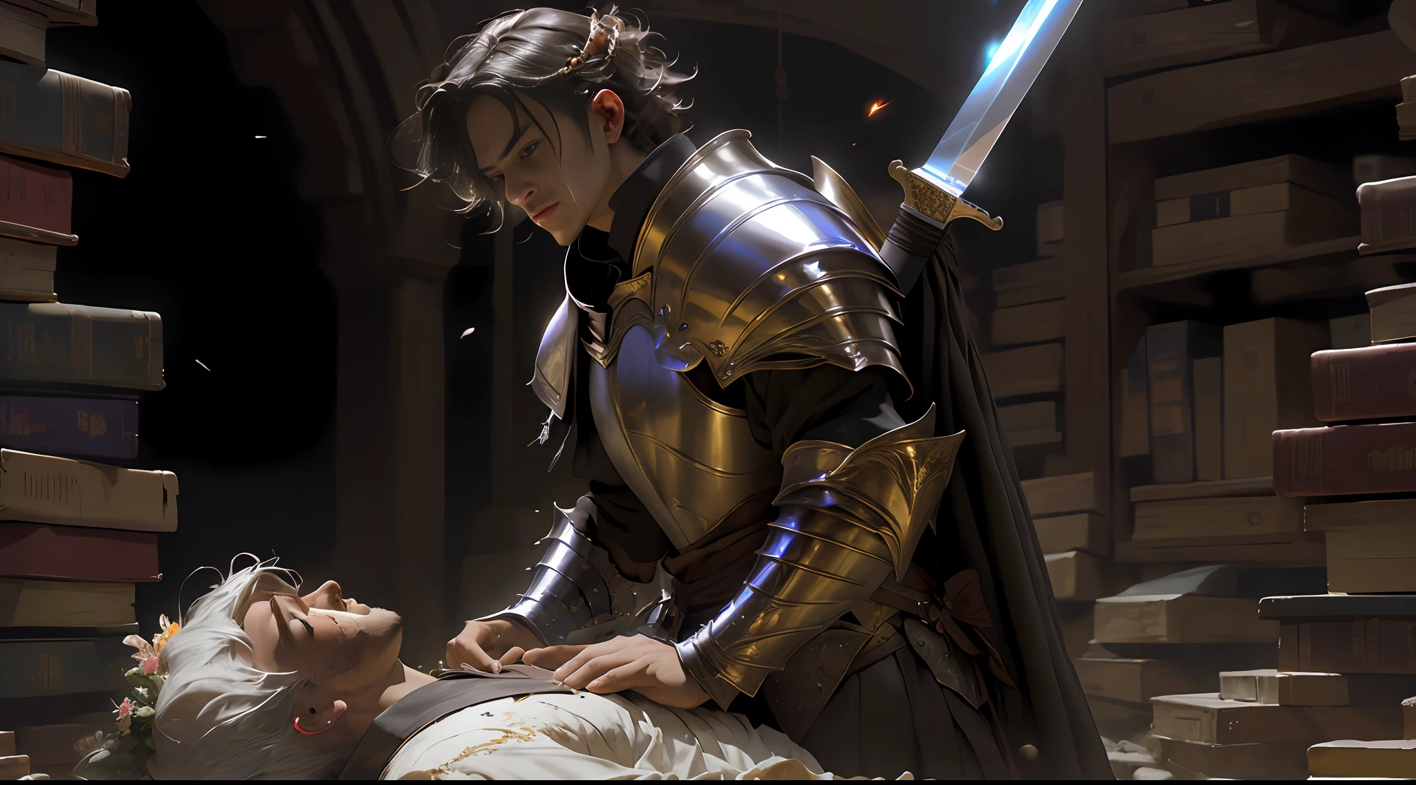 A man in armor swings a sword, flowers fly, epic fantasy digital art style, epic fantasy art style HD, epic fantasy art style, detailed fantasy digital art, epic fantasy style art, detailed fantasy art, epic exquisite character art, 4K fantasy art, 2. 5 D CGI anime fantasy artwork with man wearing a flower on his head, photo of the most beautiful artwork in the world with a soft sheen, ((epic hero fantasy, wounded hero, dynamic pose of dying on the floor, great location, majestic clutter environment)), full body 8k uniform rendering, action shots, skin pores, very dim lighting, heavy shadows, detailed, detailed face, (vibrant, photo realistic, realistic, dramatic, dark, sharp focus, 8k), (Complex: 1.4), Decadence, (High Detail: 1.4), Digital Painting, Octane Rendering, ArtStation, Concept Art, Smooth, Sharp Focus, Illustration, Artgerm Art, (Loish:0.23), Wlop Ilya Kuvshinov, and Greg Rukowski and Alphonse Mucha Gracias, (Global illumination, Studio light, volumetric light), particle floating