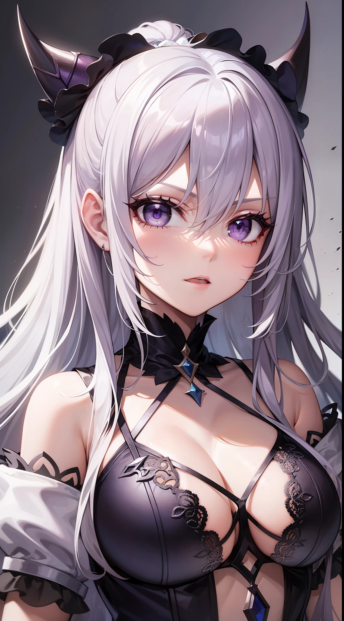 Young girl, long white hair, high ponytail, purple eyes, purple princess dress, evil look, masterpiece, high quality