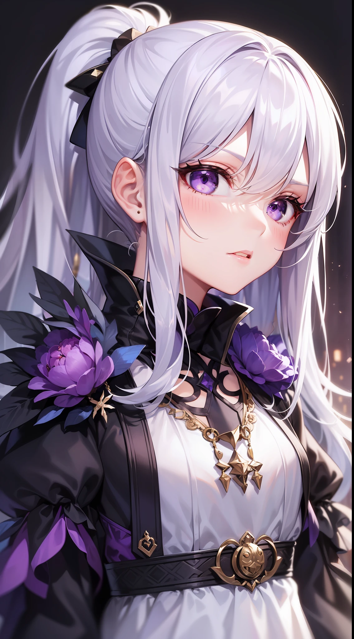 Young girl, long white hair, high ponytail, purple eyes, purple princess dress, evil look, masterpiece, high quality