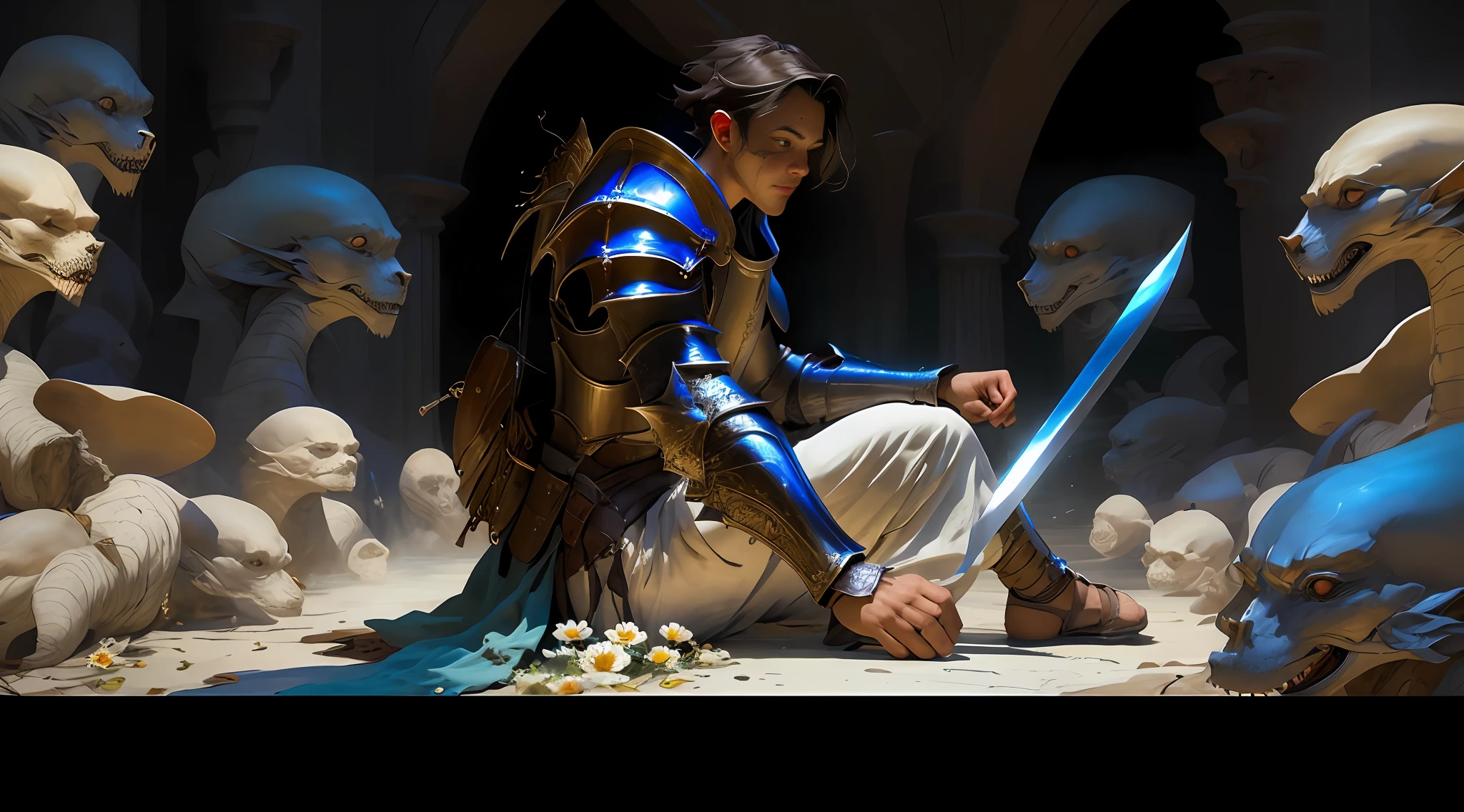 A man in armor swings a sword, flowers fly, epic fantasy digital art style, epic fantasy art style HD, epic fantasy art style, detailed fantasy digital art, epic fantasy style art, detailed fantasy art, epic exquisite character art, 4K fantasy art, 2. 5 D CGI anime fantasy artwork with man wearing a flower on his head, photo of the most beautiful artwork in the world with a soft sheen, ((epic hero fantasy, wounded hero, dynamic pose of dying on the floor, great location, majestic clutter environment)), full body 8k uniform rendering, action shots, skin pores, very dim lighting, heavy shadows, detailed, detailed face, (vibrant, photo realistic, realistic, dramatic, dark, sharp focus, 8k), (Complex: 1.4), Decadence, (High Detail: 1.4), Digital Painting, Octane Rendering, ArtStation, Concept Art, Smooth, Sharp Focus, Illustration, Artgerm Art, (Loish:0.23), Wlop Ilya Kuvshinov, and Greg Rukowski and Alphonse Mucha Gracias, (Global illumination, Studio light, volumetric light), particle floating