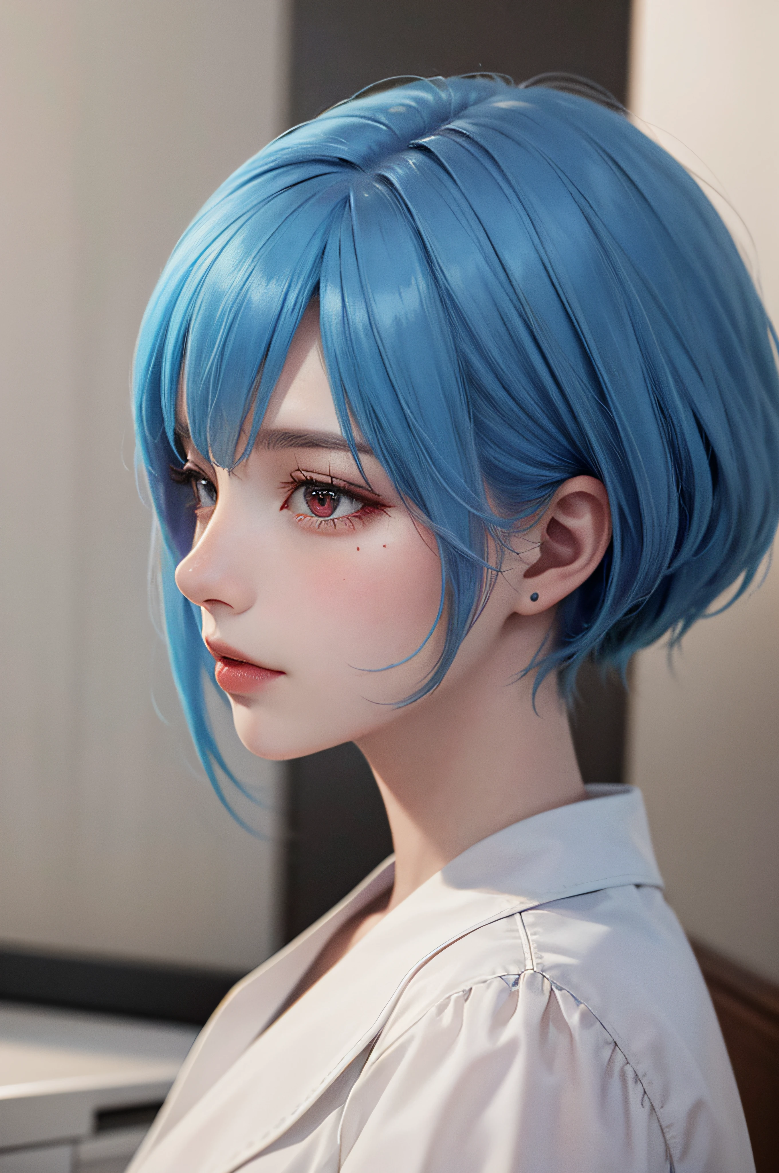 Masterpiece, Best Quality, 8K, Detailed Skin Texture, Detailed Cloth Texture, Beautiful Detail Face, Intricate Detail, Ultra Detailed, Portrait of Rei Ayanami, Blue Hair, Red Eyes, Profile, Look Down, No Background