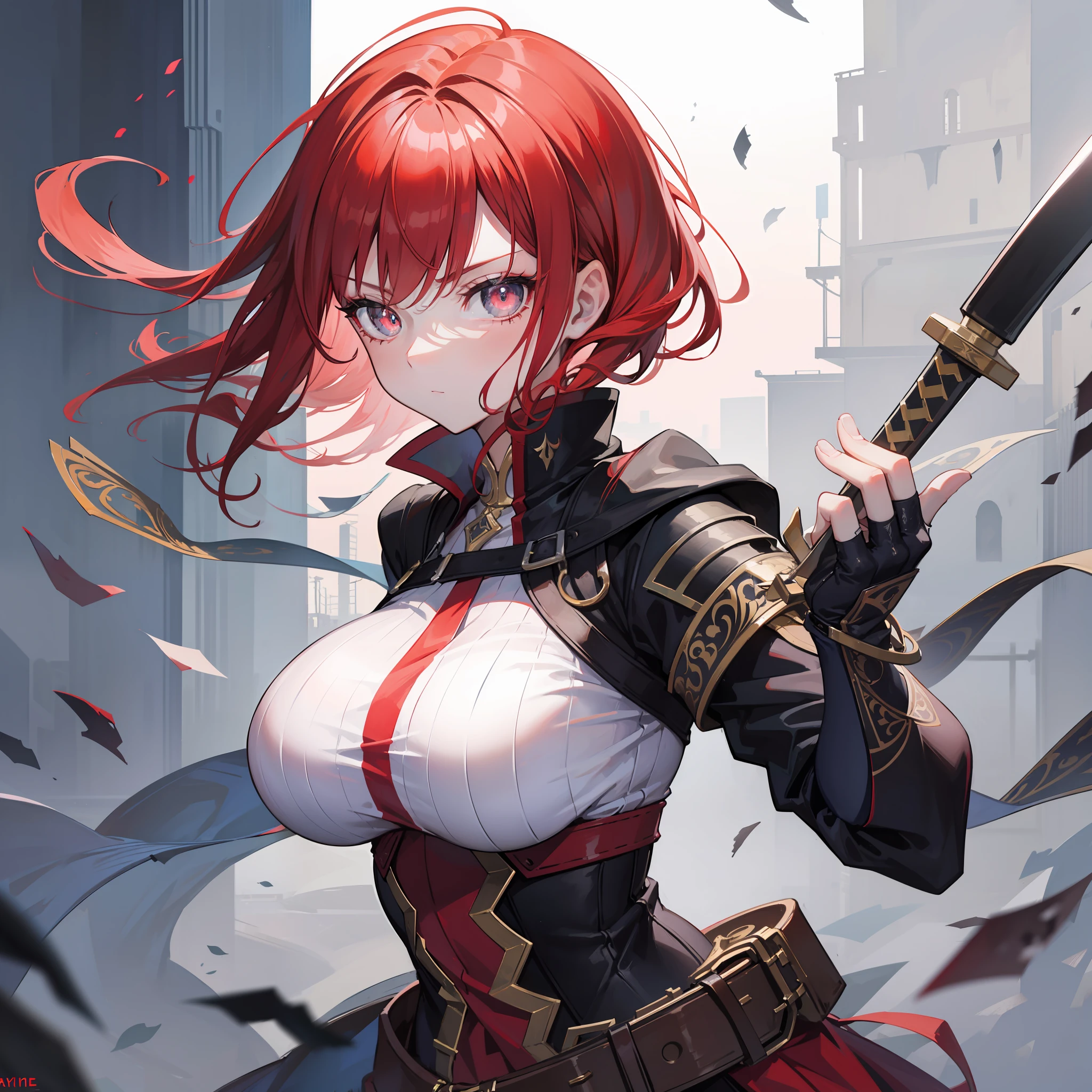 Medieval warrior woman, holding a sword, face ready to attack, whole body, fantasy world, solo, masterpiece, best quality, Anime, hyper-detailed, absurd, short red hair, slender, dynamic lighting, high resolution, sharp focus, depth of field, detailed eyes, sharp pupils, realistic pupils, (big breasts), Medieval city