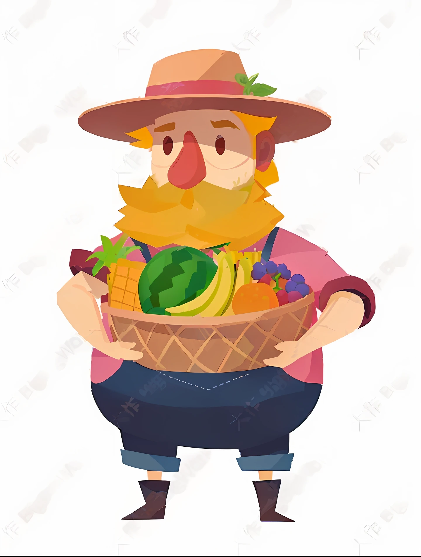 a cartoon farmer with a basket of fruit, high quality character design, farmer, very stylized character design, colorful! character design, full body character design, character with a hat, game character design, stylized character design, professional character design, tall farmer, 2 d illustration, 2d illustration, animated character design, character design for animation, full body character