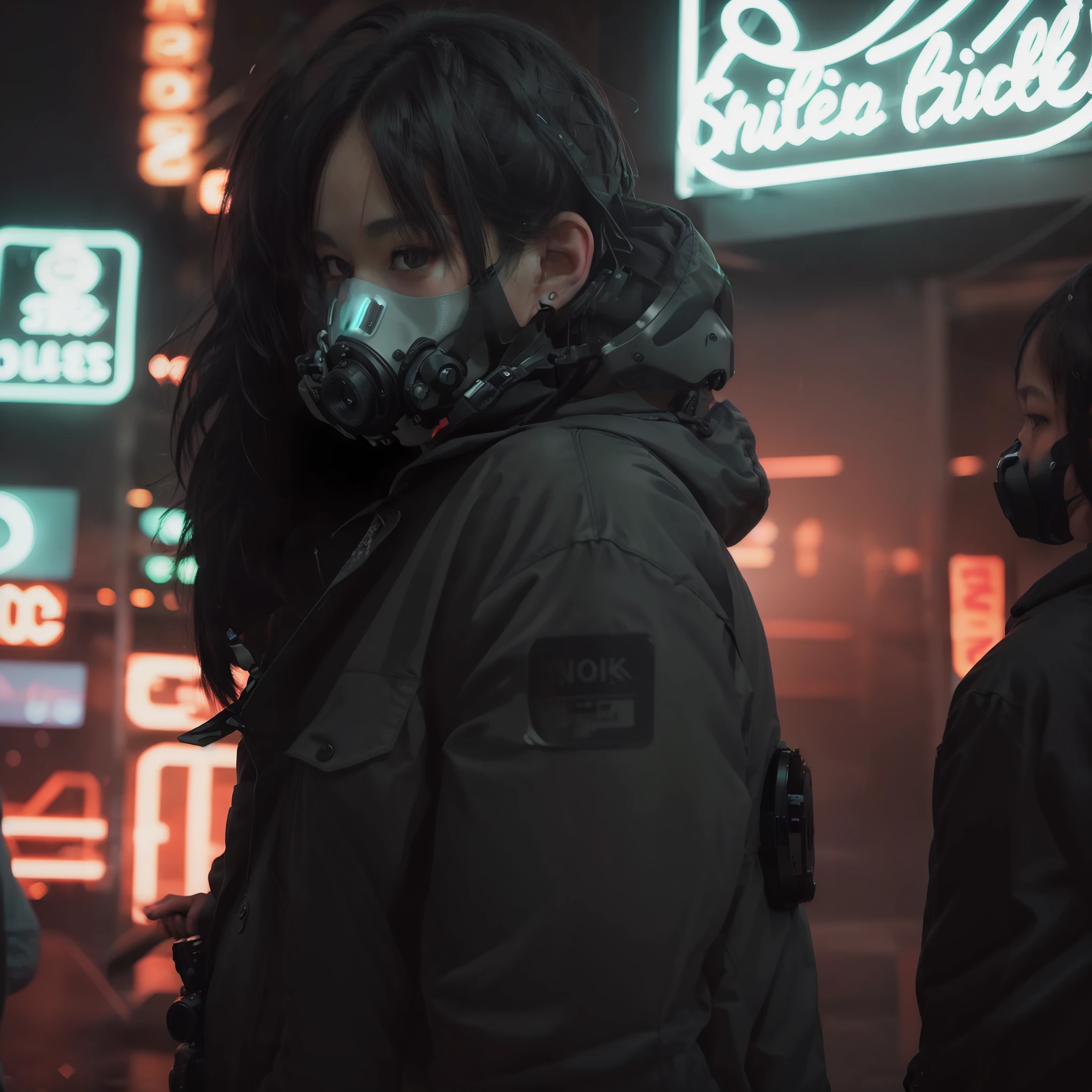 Photo DSLR, a woman with short black hair standing in front of a green neon sign, tech mask, jacket, in the rain, NeonNoir, hard shadow, masterpiece, best quality, Intricate, High Detail, 8k, modelshoot style, film grain