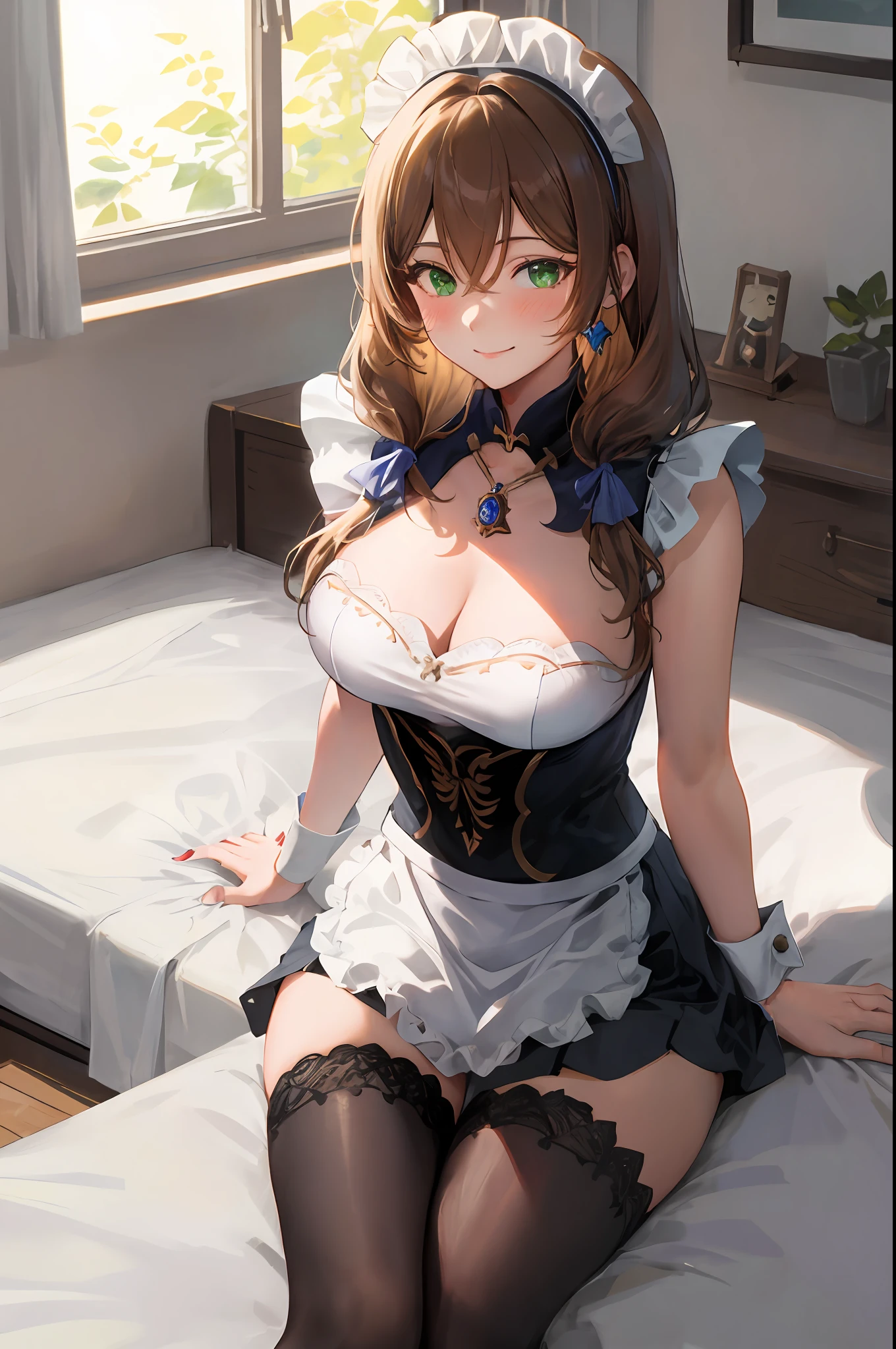 Lisa, genshin impact, 1girl, solo, breasts, cleavage, hair between eyes, messy hair, large breasts, long hair, looking at viewer, brown hair, red short nails, green eyes, solo, thighhighs, ((masterpiece)), maid dress, meidofuku, maid, skirt, stocking, ribbon, maid uniform, sitting, bedroom, bed, pillow, window, night sky, blush, shy, smile, sexy pose, maid hair band,