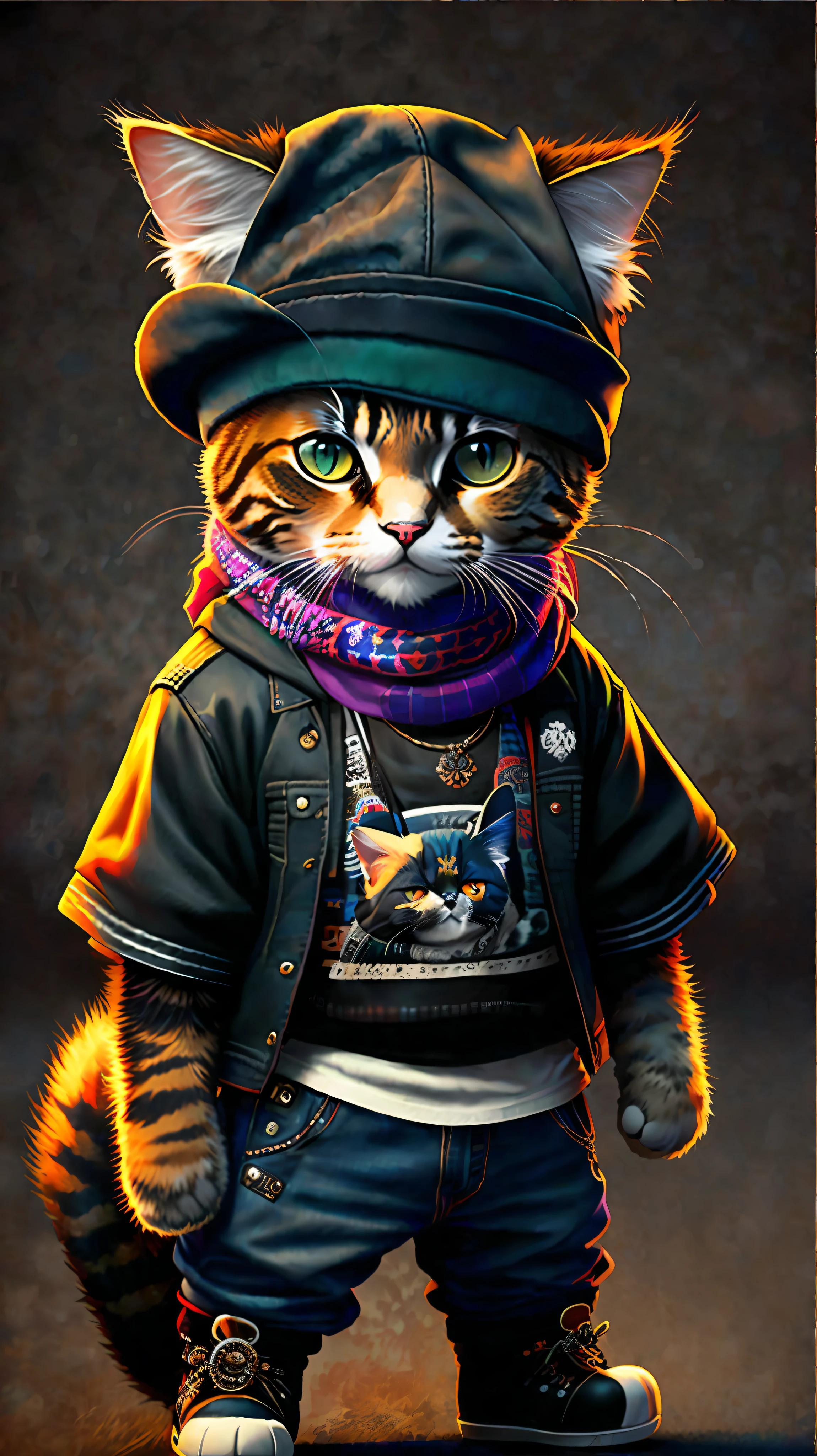 image of a cat with hat and scarf, art station trend, dressed in punk clothes, hyper realistic detailed rendering, british gang member, urban style, intimidating pose, planet of cats, fashionable clothes, urban samurai, meow, west slavic traits, circular design, shirt design