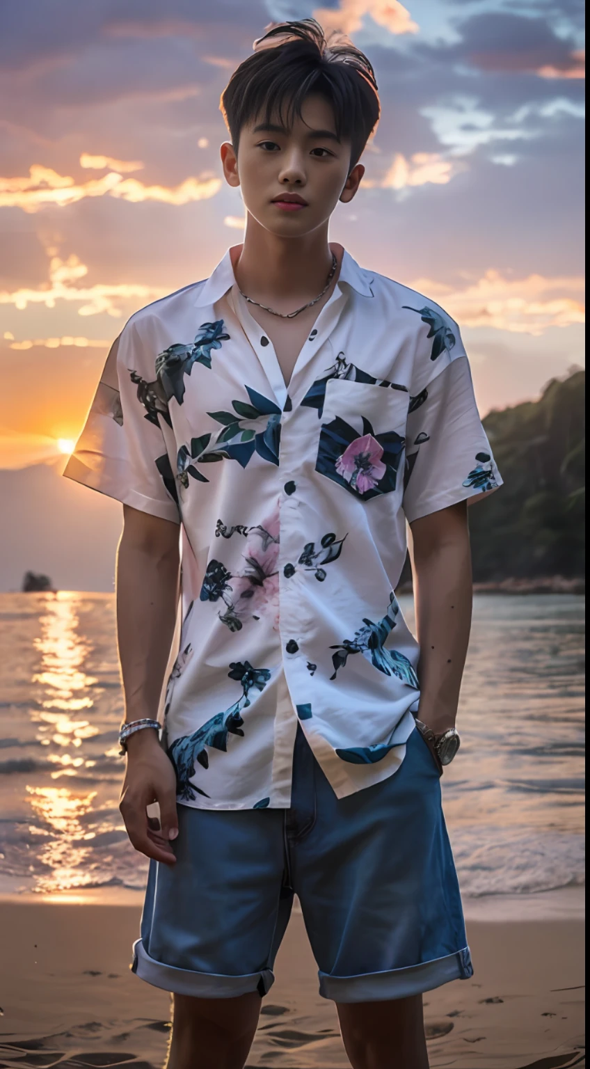 (2 Thais: 1.5), two men playing by the sea, floral shirt, beach clothes, Phuket, sunset, small fresh, realistic photo, realistic photo, textured skin, looking into the camera, 18 year old boy, studio, model, long legs