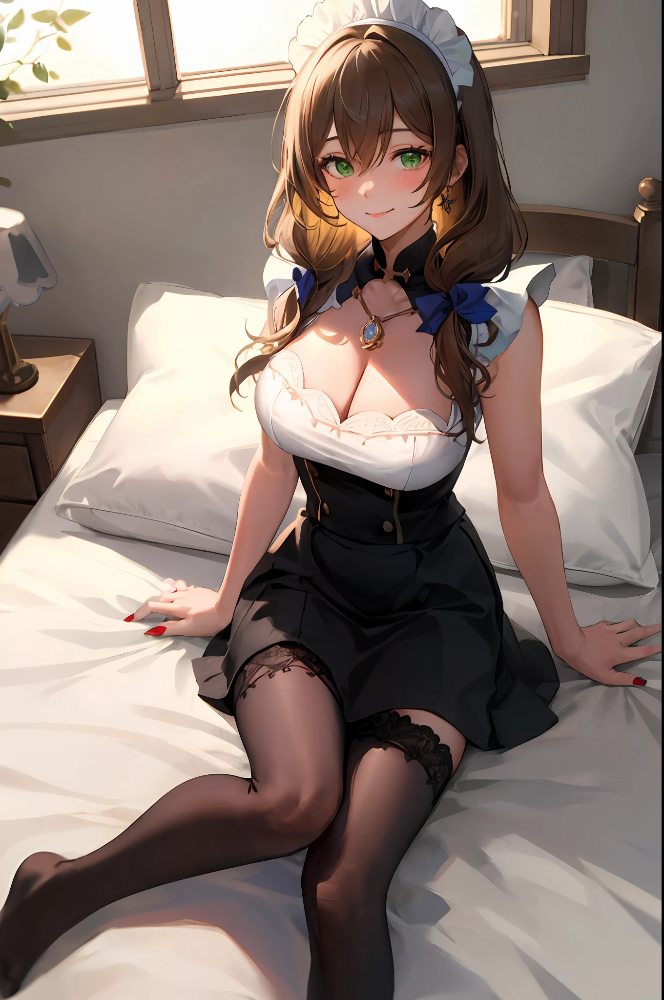 Lisa, genshin impact, 1girl, solo, breasts, cleavage, hair between eyes, messy hair, large breasts, long hair, looking at viewer, brown hair, red short nails, green eyes, solo, thighhighs, ((masterpiece)), maid dress, meidofuku, maid, skirt, stocking, ribbon, maid uniform, sitting, bedroom, bed, pillow, window, night sky, blush, shy, smile, sexy pose, maid hair band,