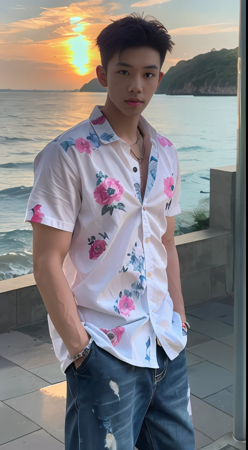 (2 Thais: 1.5), two men playing by the sea, floral shirt, beach clothes, Phuket, sunset, small fresh, realistic photo, realistic photo, textured skin, looking into the camera, 18 year old boy, studio, model, long legs