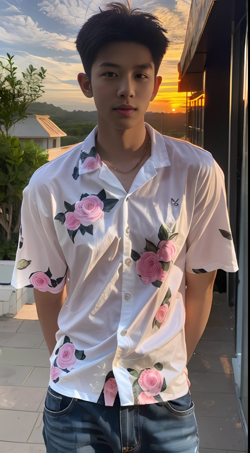 (2 Thais: 1.5), two men playing by the sea, floral shirt, beach clothes, Phuket, sunset, small fresh, realistic photo, realistic photo, textured skin, looking into the camera, 18 year old boy, studio, model, long legs