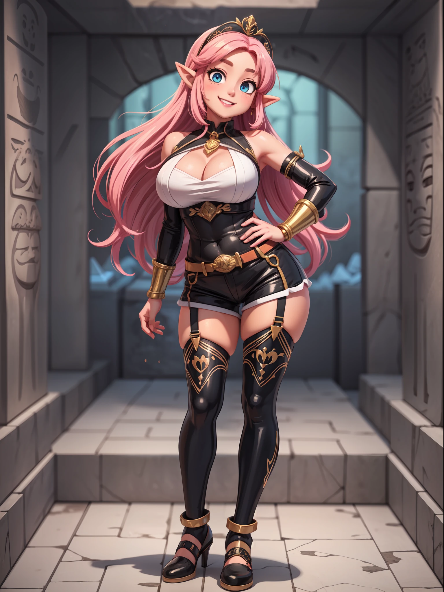 ((Full body, standing):1.5), Princess Zelda: wearing extremely tight-fitting black maid outfit, with short white shorts, extremely large breasts, pink hair, blue eyes, posing erotic, smiling and looking at viewer , in an Egyptian tomb filled with (sarcophagi:1.4). anime, anime, Hyperrealism, Hyperrealism, 16k, ((high quality, high details):1.4), UHD, masterpiece