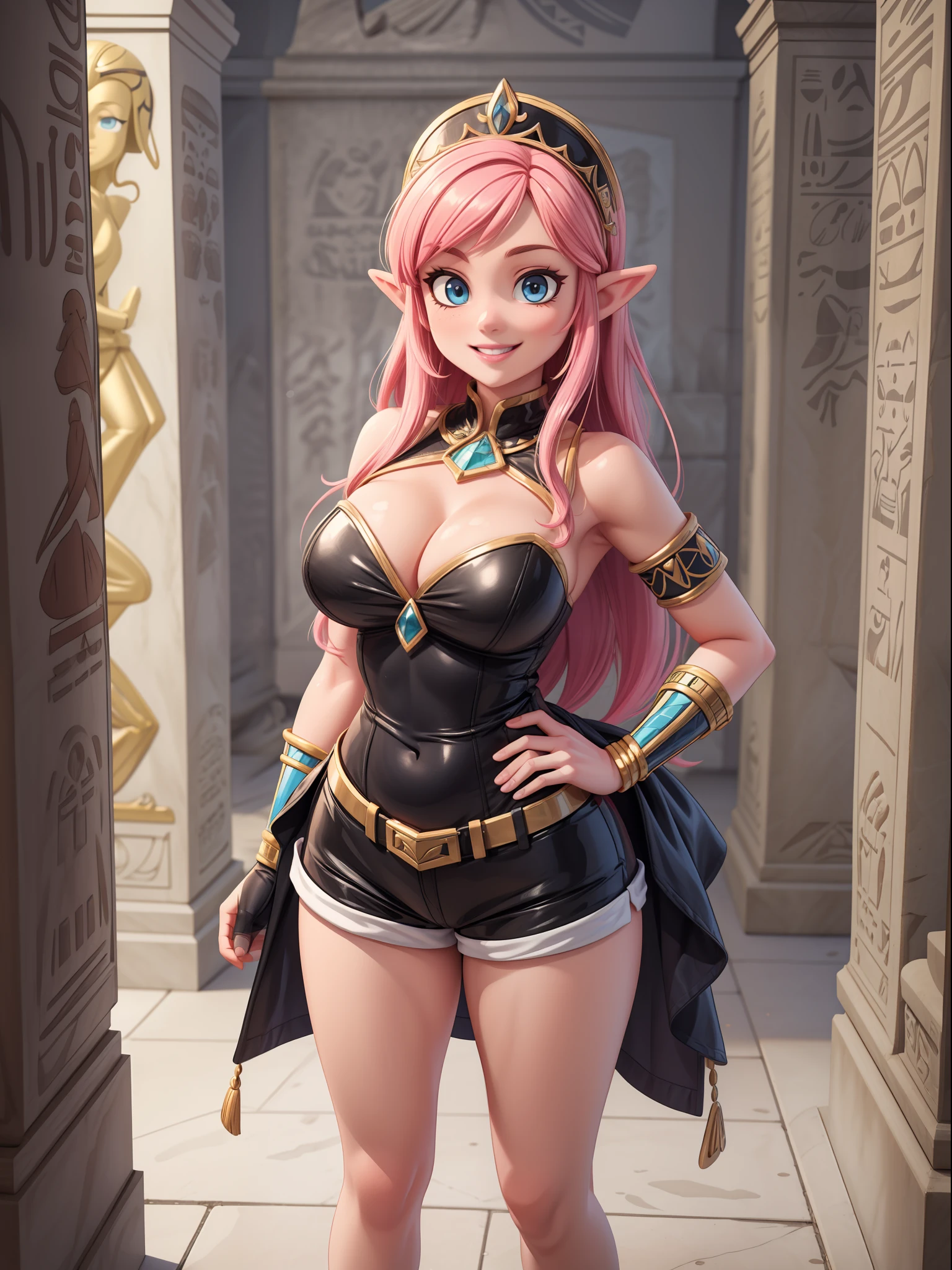 ((Full body, standing):1.5), Princess Zelda: wearing extremely tight-fitting black maid outfit, with short white shorts, extremely large breasts, pink hair, blue eyes, posing erotic, smiling and looking at viewer , in an Egyptian tomb filled with (sarcophagi:1.4). anime, anime, Hyperrealism, Hyperrealism, 16k, ((high quality, high details):1.4), UHD, masterpiece
