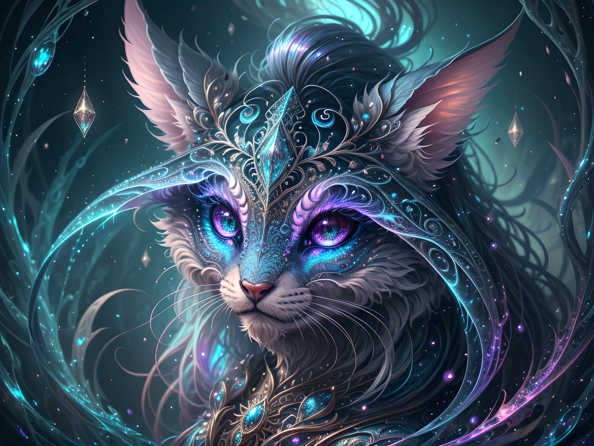 Generate a beautiful magical creature. The creature should be majestic and stunning with hires eyes and lots of intricate fantasy details. Include 8k eyes, highly detailed eyes, extremely detailed eyes, macro eyes, bright clear eyes, and sharp eyes. The image should be a masterpiece and contain fantasy vibes and phantasmal iridescence.