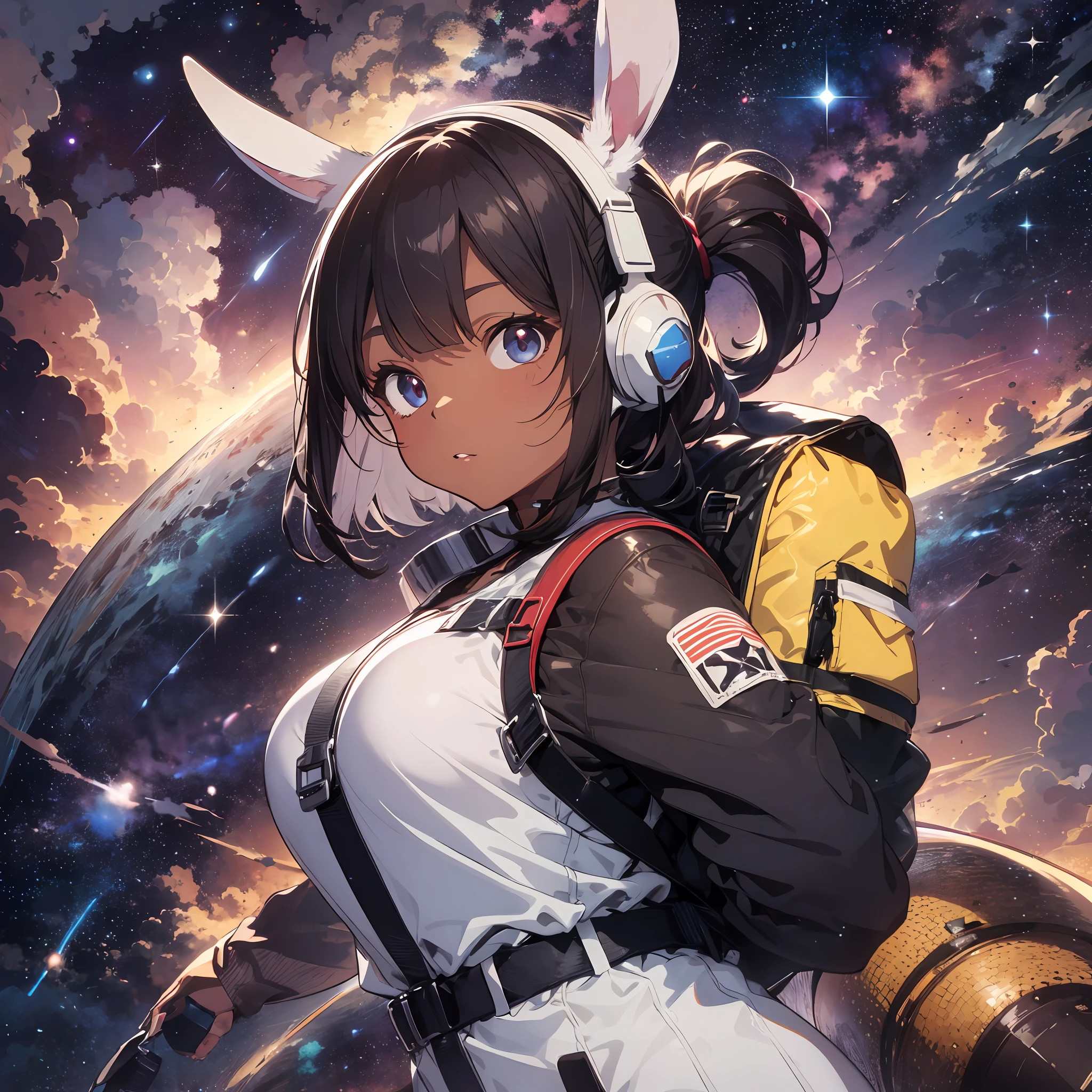 Background is nebula, spacesuit, background is outer space, helmet, spacewalk, thick eyebrows, (huge backpack: 1.5), (dark skin: 1.3), brown skin, movie lighting, small, rabbit ears, (masterpiece), ((best quality)), (super detailed), shiny skin, full body anime girl, clean and detailed anime face, high resolution anime eyes, five fingers, textile shading, Perfect human structure, perfect anatomy,