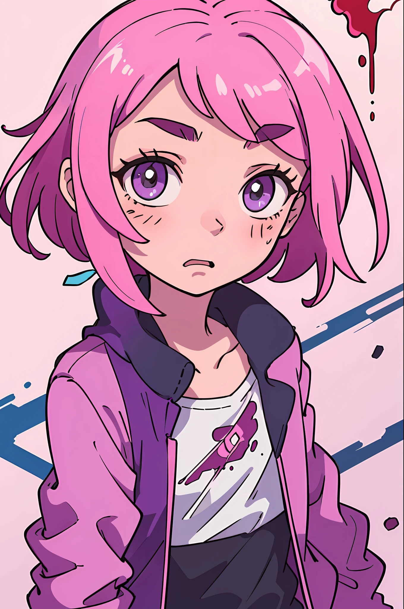 (best quality: 0.8), (best quality: 0.8), perfect anime illustration of girl with bleeding cheek, short pink hair, purple jacket