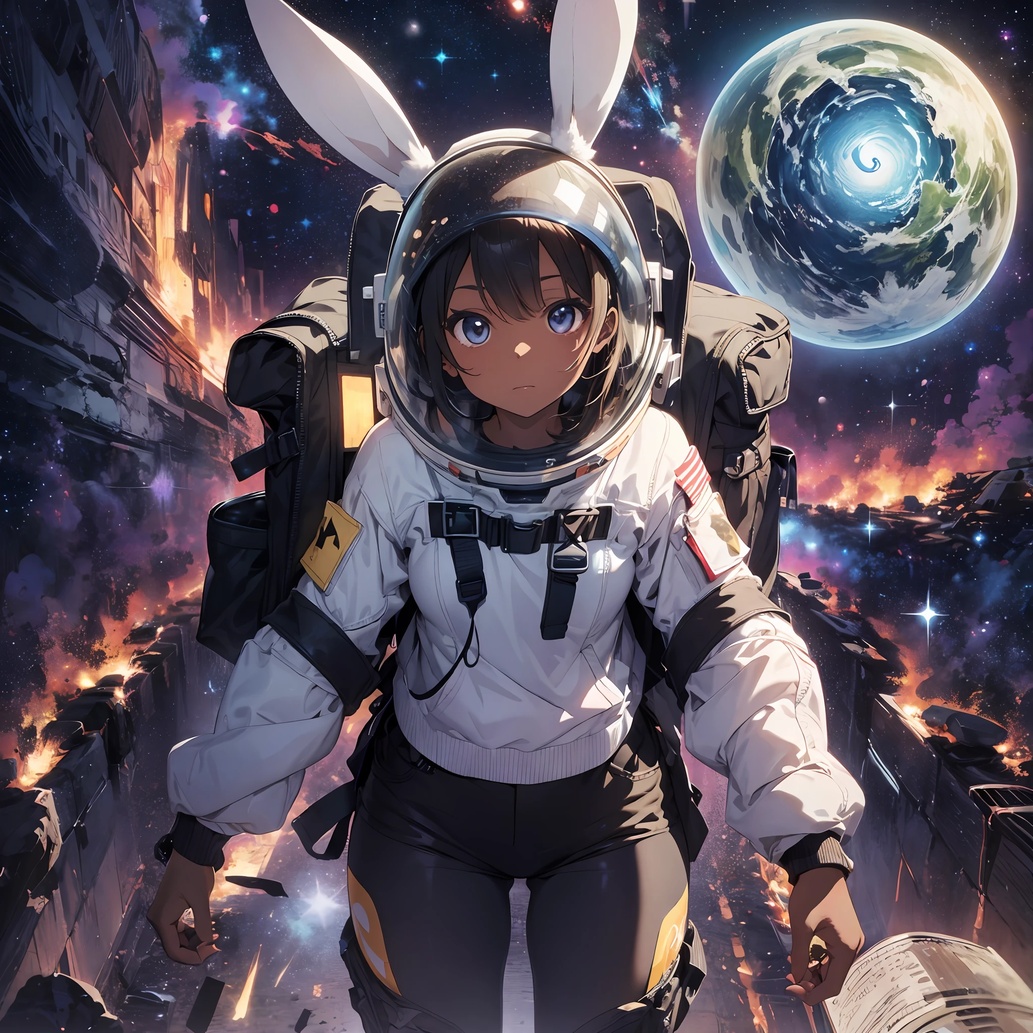 Background is nebula, spacesuit, background is outer space, helmet, spacewalk, thick eyebrows, (huge backpack: 1.5), (dark skin: 1.3), brown skin, movie lighting, small, rabbit ears, (masterpiece), ((best quality)), (super detailed), shiny skin, full body anime girl, clean and detailed anime face, high resolution anime eyes, five fingers, textile shading, Perfect human structure, perfect anatomy,
