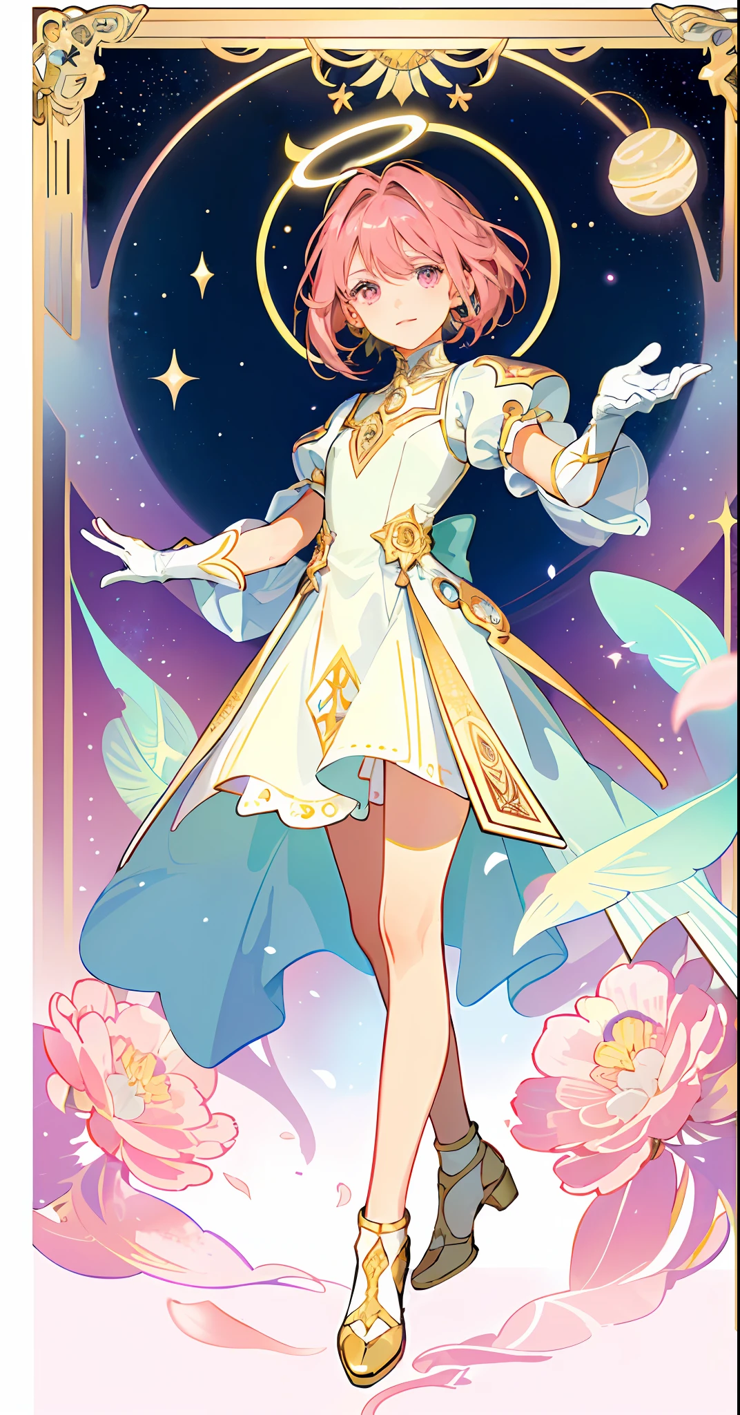 ((masterpiece,best quality)),(1girl, solo:1.4),beautiful detailed eyes, vivid, cinematic light, full_body, pink_flowers, (tarot_card), intricate, detailed background, looking_at_viewer, Cardcaptor sakura, hands reaching out, (flat chest), (walking), casual pose, posing, (white_gloves), (pink_eyes), white feathers, sparkles, glitter, celestial, outerspace, by alphonse mucha, (gold frame), halo, (tarot border)