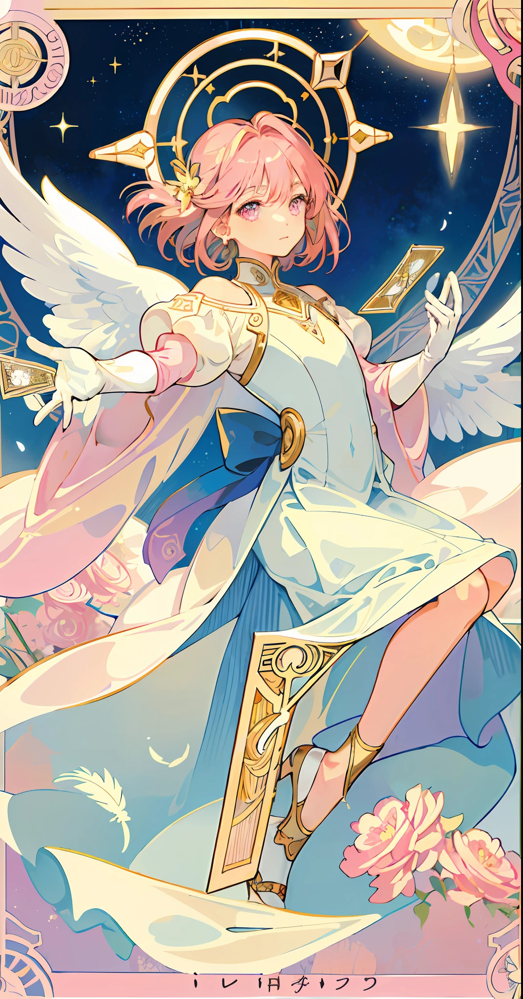 ((masterpiece,best quality)),(1girl, solo:1.4),beautiful detailed eyes, vivid, cinematic light, full_body, pink_flowers, (tarot_card), intricate, detailed background, looking_at_viewer, Cardcaptor sakura, hands reaching out, (flat chest), (walking), casual pose, posing, (white_gloves), (pink_eyes), white feathers, sparkles, glitter, celestial, outerspace, by alphonse mucha, (gold frame), halo, (tarot border)