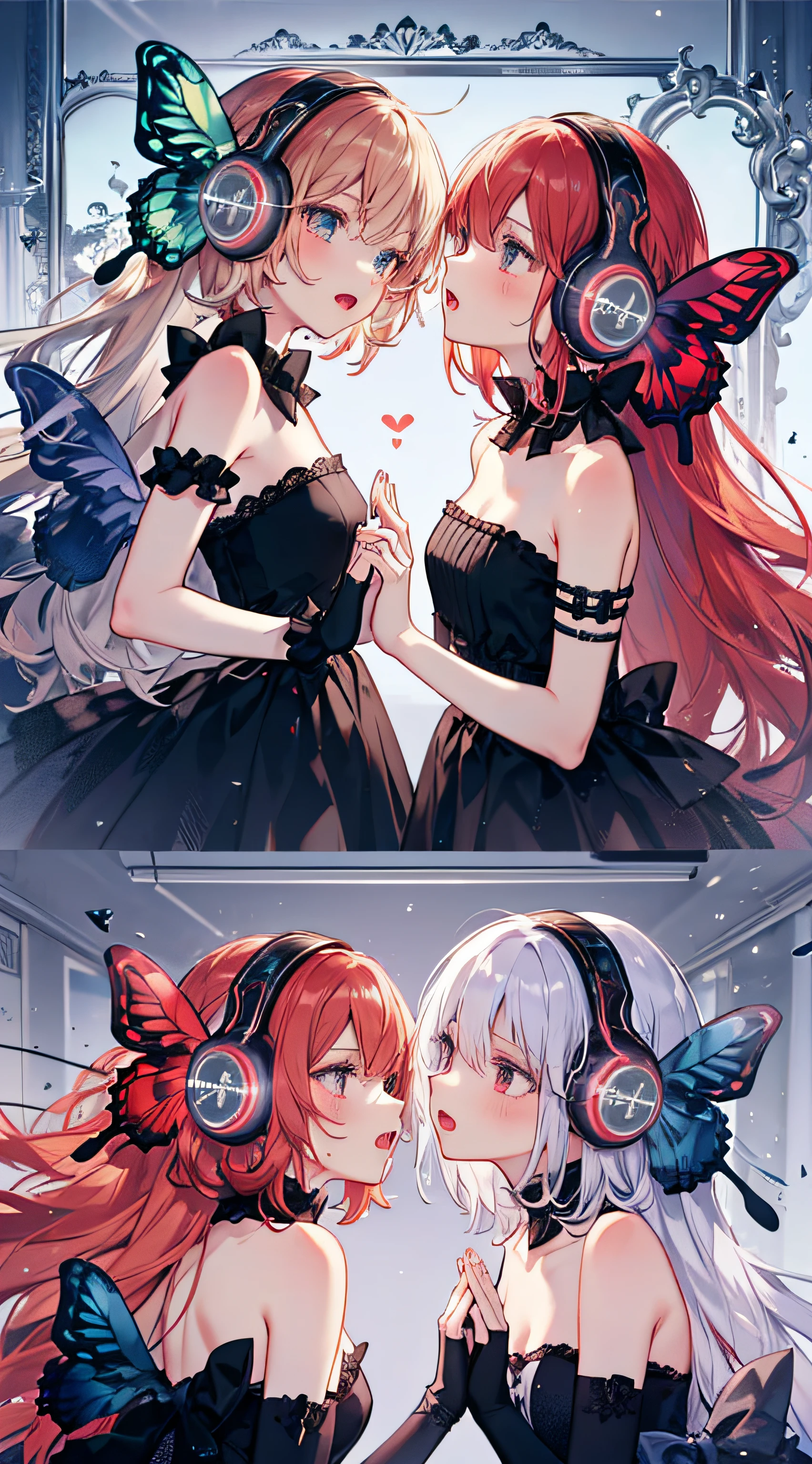magnetvocaloid,butterfly wings headphones,
multiple girls, 2girls, yuri,fingerless gloves,
red hair,black veil,funeral dress, black dress,