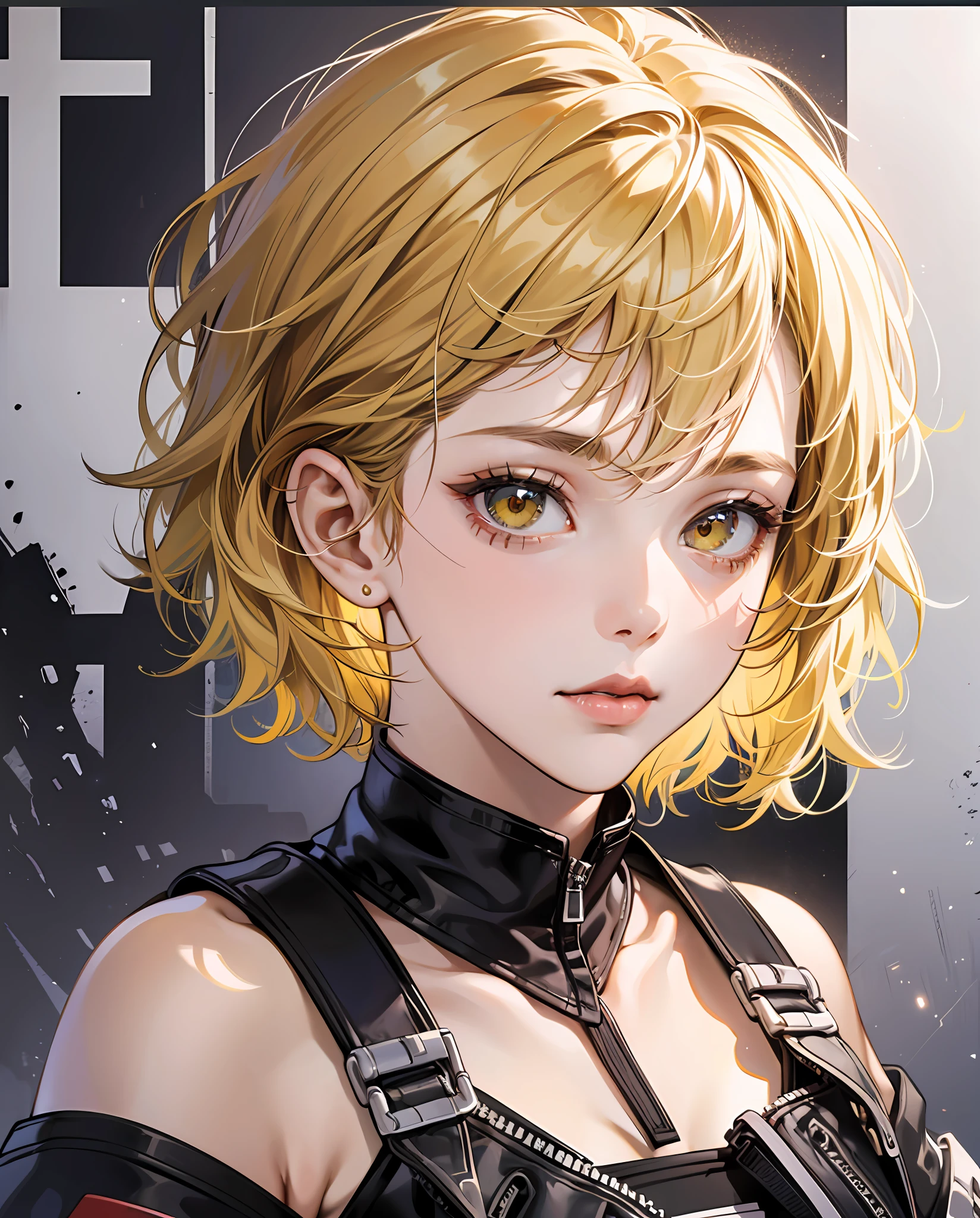 masterpiece, 1girl with yellow short messy hair, punk style, big honey eyes, ultra detailed face and eyes, 8k, ultra hd --auto --s2