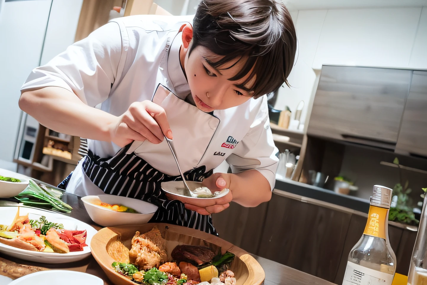 chef preparing food in a kitchen with a variety of dishes, inspired by Lu Guang, best chef, inspired by Pan Tianshou, inspired by Zhang Zongcang, inspired by Luo Ping, longque chen, inspired by Liu Haisu, inspired by Guo Chun, inspired by Miao Fu, mu pan, inspired by Huang Guangjian