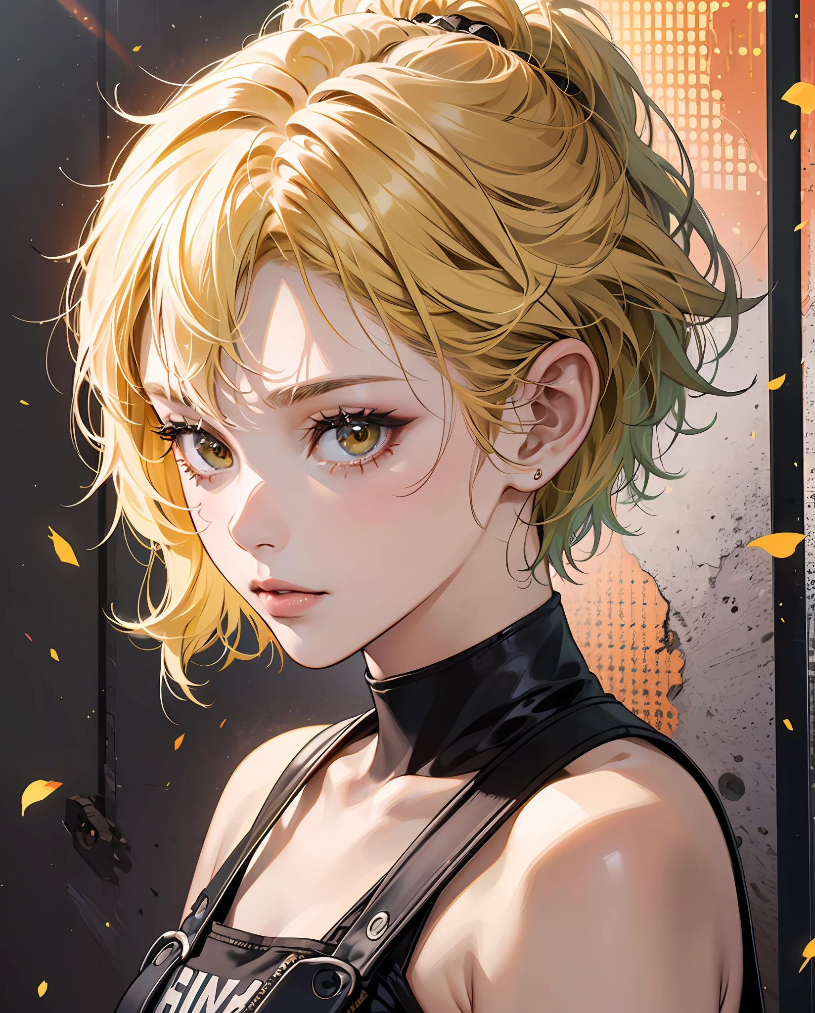 masterpiece, 1girl with yellow short messy hair, punk style, big honey eyes, ultra detailed face and eyes, 8k, ultra hd --auto --s2