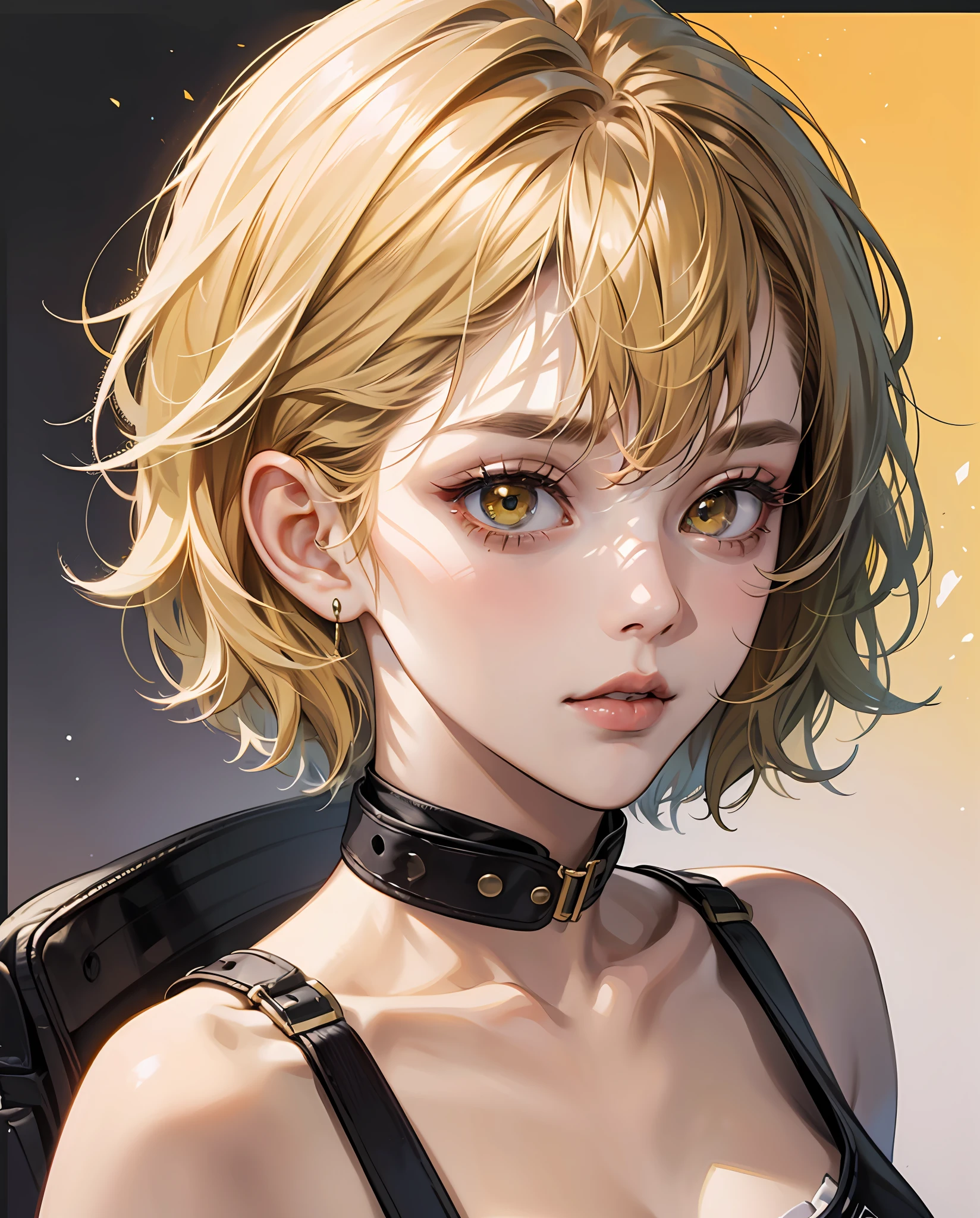 masterpiece, 1girl with yellow short messy hair, punk style, big honey eyes, ultra detailed face and eyes, 8k, ultra hd --auto --s2
