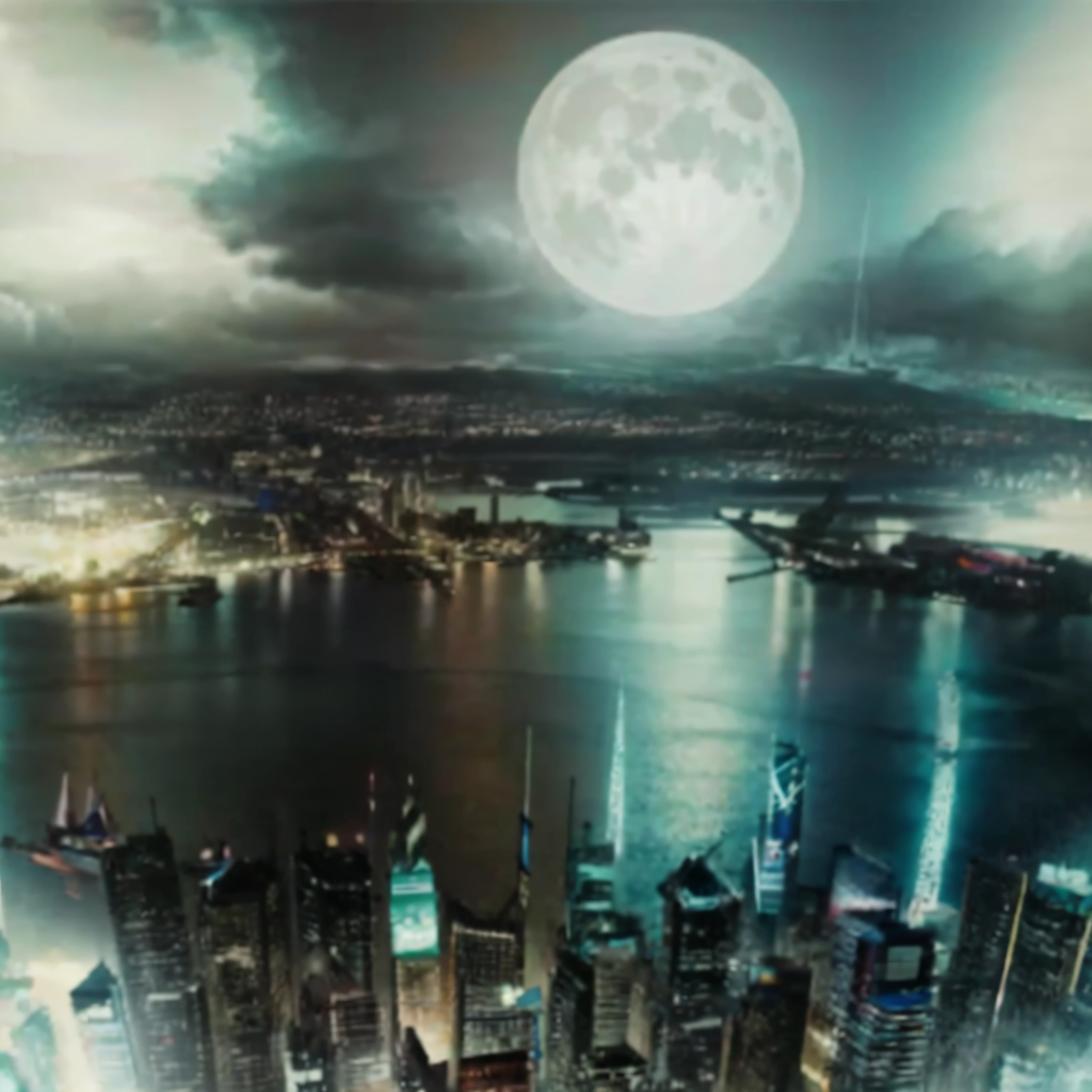 Alafd view of a city with lots of clouds in the sky, moon, Isayama, Kowloon cyberpunk, inspired by Stephen Martinier, inspired by Stephen Martinier, matte drawing manga art, Isayama's style, 8k comic art, Kowloon cyberpunk cityscape, digital comics, comic books: .2, master works, super fine photos, best quality, super high resolution, photorealism, moonlight, clear silhouette, night city, skyscraper, sea, on the beach, port, hd, masterpiece, super fine photo, best quality, super high resolution, photorealism,