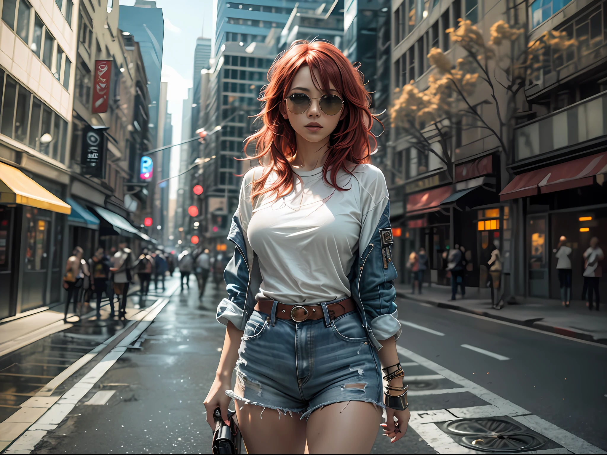 (masterpiece, high resolution, photo-realistic:1.3), (red-haired woman:1.3), wind-blown hair cascading around her, sporting stylish Aviator sunglasses by Ray Ban, showcasing her perfect physique with medium-sized breasts, dressed in a form-fitting military-style blouse and blue denim shorts, complemented by vibrant red Air Jordan sneakers, walking along a deserted road bathed in daylight, confidently approaching the camera, the photograph capturing her entire figure, exuding a sense of adventure and allure, an embodiment of freedom and wanderlust, Cinematic, Hyper-detailed, insane details, Beautifully color graded, Unreal Engine, DOF, Super-Resolution, Megapixel, Cinematic Lightning, Anti-Aliasing, FKAA, TXAA, RTX, SSAO, Post Processing, Post Production, Tone Mapping, CGI, VFX, SFX, Insanely detailed and intricate, Hyper maximalist, Hyper realistic, Volumetric, Photorealistic, ultra photoreal, ultra-detailed, intricate details, 8K, Super detailed, Full color, Volumetric lightning, HDR, Realistic, Unreal Engine, 16K, Sharp focus, octane render --v testp