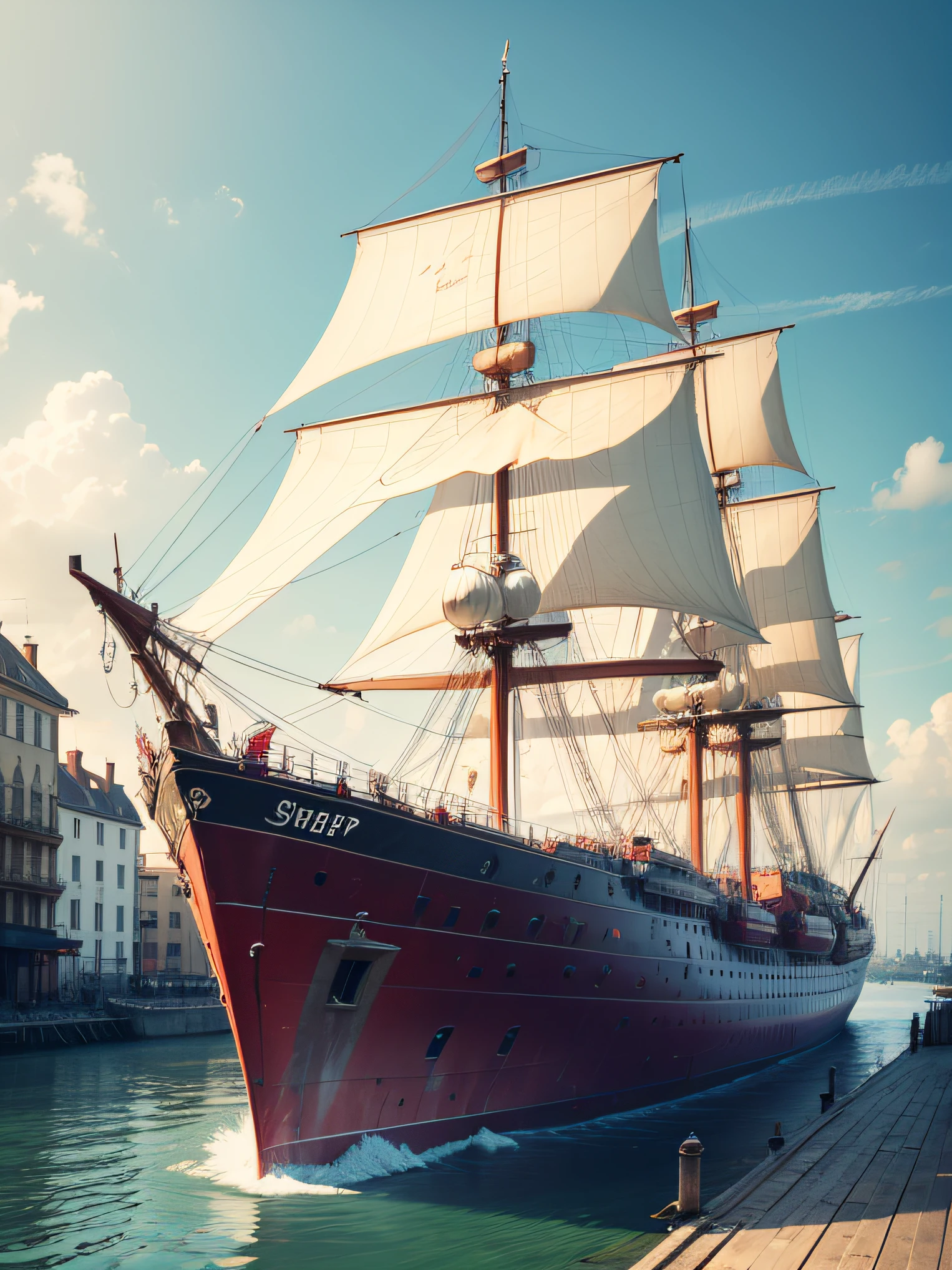Scenery Red ship docked in harbor --auto