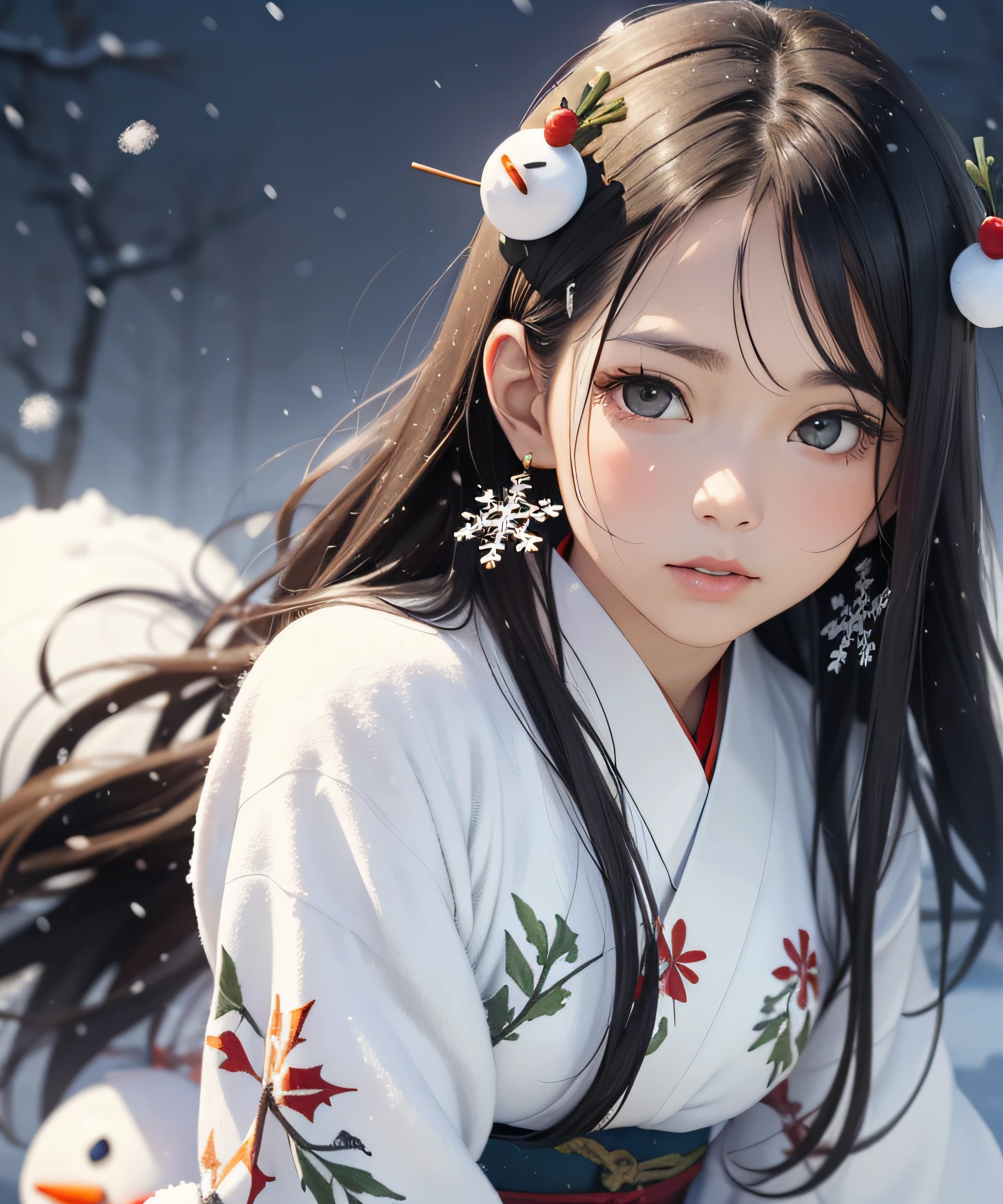 Masterpiece, realistic, highest quality, full body, black long hair, ((((Beautiful Snow Woman)))), ((((Beautiful Snow Woman in Old Tales)))), (Japan white kimono and white obi with long red sleeves fluttering only the obi hanging, face downward and narrowed eyes look up at the viewer)), (((Black hair with snowflake hair ornament and snowman hair fastening)), 20 years old, (Plains in a blizzard)))), ((((without headgear) )), photorealistic, blur background