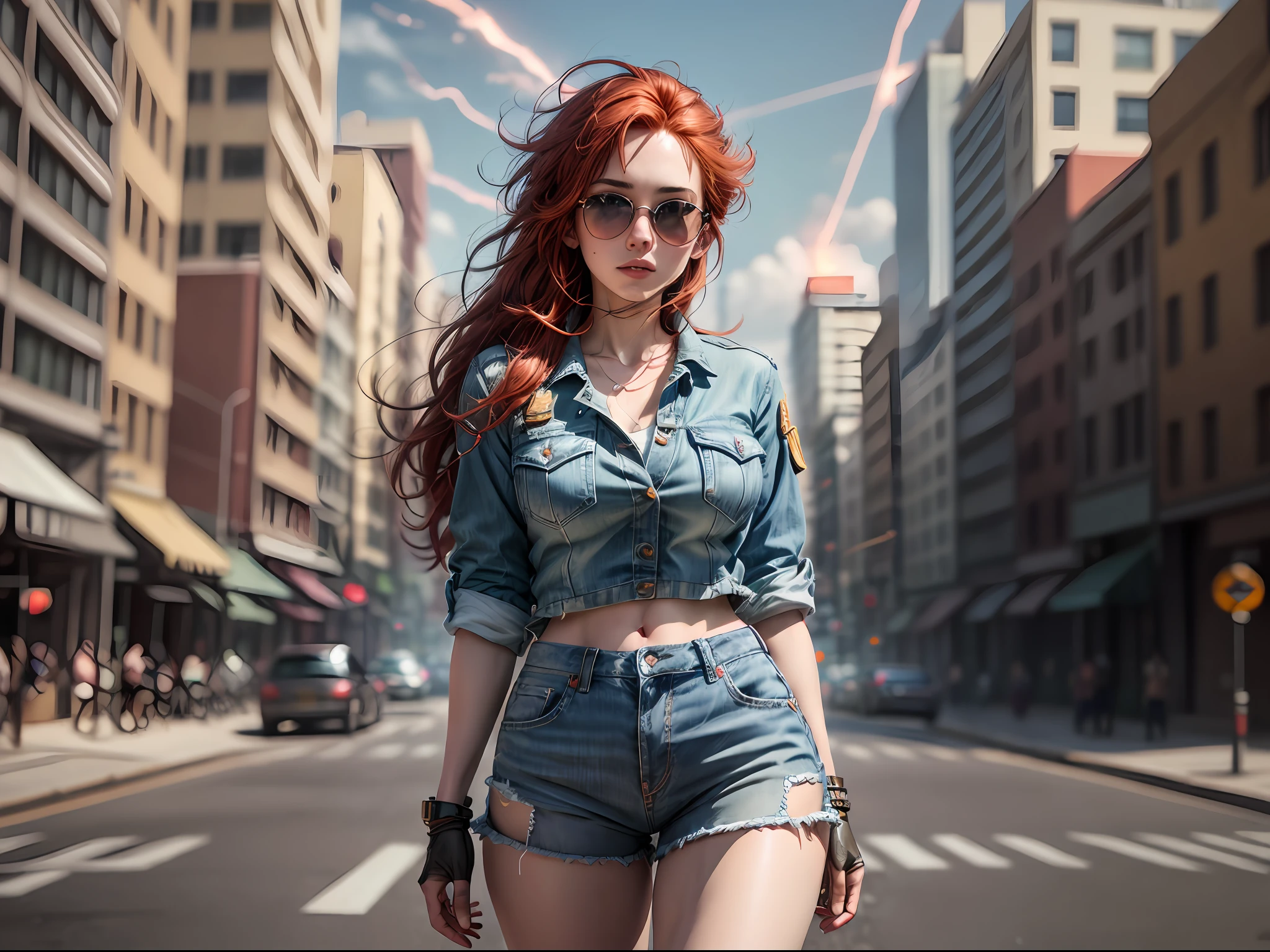 (masterpiece, high resolution, photo-realistic:1.3), (red-haired woman:1.3), wind-blown hair cascading around her, sporting stylish Aviator sunglasses by Ray Ban, showcasing her perfect physique with medium-sized breasts, dressed in a form-fitting military-style blouse and blue denim shorts, complemented by vibrant red Air Jordan sneakers, walking along a deserted road bathed in daylight, confidently approaching the camera, the photograph capturing her entire figure, exuding a sense of adventure and allure, an embodiment of freedom and wanderlust, Cinematic, Hyper-detailed, insane details, Beautifully color graded, Unreal Engine, DOF, Super-Resolution, Megapixel, Cinematic Lightning, Anti-Aliasing, FKAA, TXAA, RTX, SSAO, Post Processing, Post Production, Tone Mapping, CGI, VFX, SFX, Insanely detailed and intricate, Hyper maximalist, Hyper realistic, Volumetric, Photorealistic, ultra photoreal, ultra-detailed, intricate details, 8K, Super detailed, Full color, Volumetric lightning, HDR, Realistic, Unreal Engine, 16K, Sharp focus, octane render --v testp
