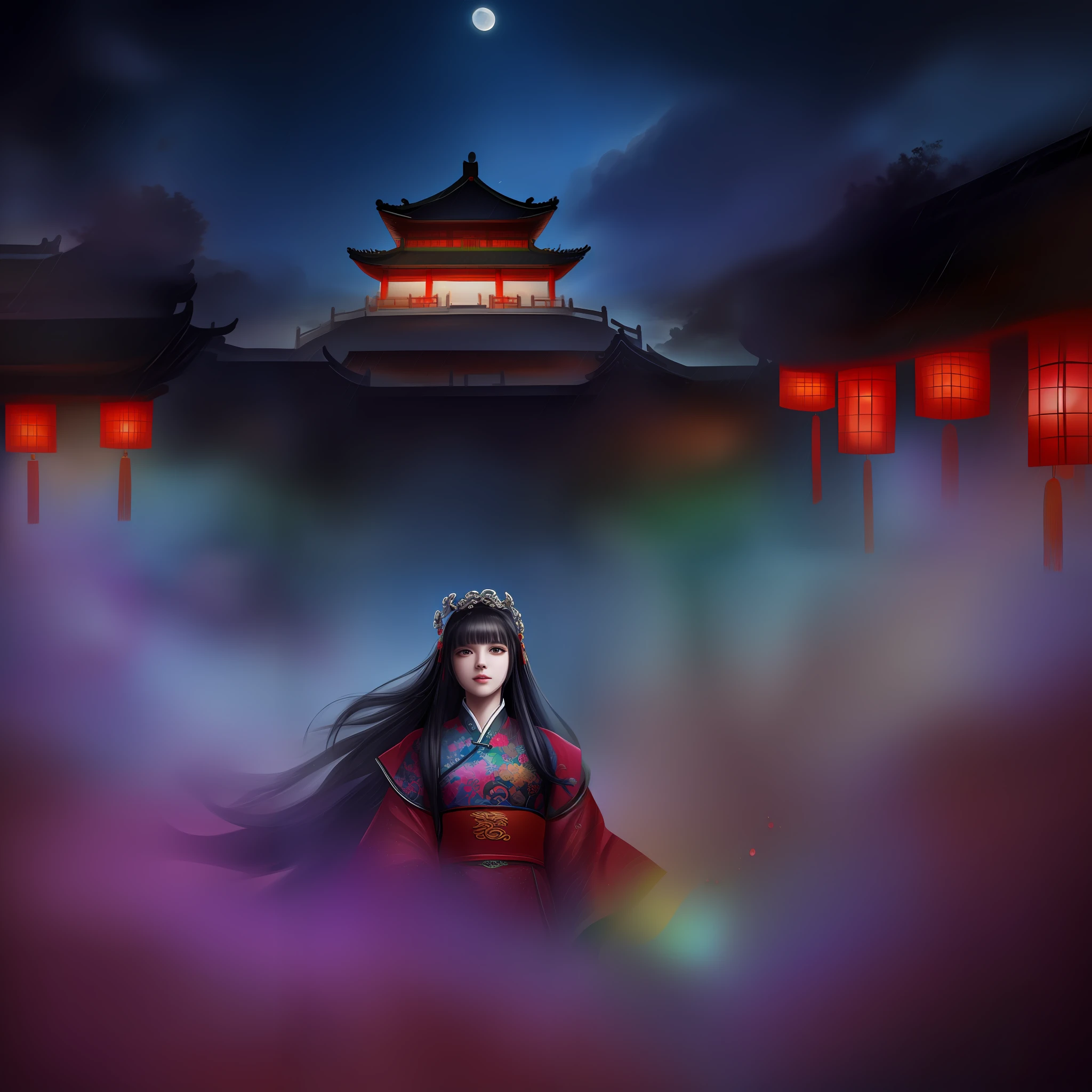(8k, RAW photo:1.2),best quality, ultra high res,dramatic angle,(fluttered detailed color splashs), (illustration),(((1 girl))),(long hair),(rain:0.9),(hair ornament:1.4),there is an ancient palace beside the girl,(((chinese clothes))),(focus on), color Ink wash painting,(color splashing),colorful splashing,((colorful)),(((cool colors))),(((Tang dinasty)))(sketch:0.8), Masterpiece,best quality, beautifully painted,highly detailed,(denoising:0.6),[splash ink],((ink refraction)), (beautiful detailed sky),moon,highly,detaild,(masterpiece, best quality, extremely detailed CG unity 8k wallpaper,masterpiece, best quality, ultra-detailed),(Lycoris radiata), architecture,