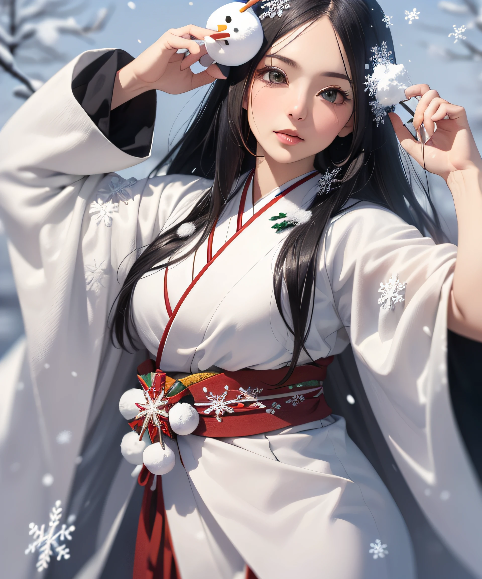 Masterpiece, realistic, highest quality, full body, black long hair, ((((Beautiful Snow Woman)))), ((((Beautiful Snow Woman in Old Tales)))), (Japan white kimono and white obi with long red sleeves fluttering only the obi hanging, face downward and narrowed eyes look up at the viewer)), (((Black hair with snowflake hair ornament and snowman hair fastening)), 20 years old, (Plains in a blizzard)))), ((((without headgear) )), photorealistic, blur background