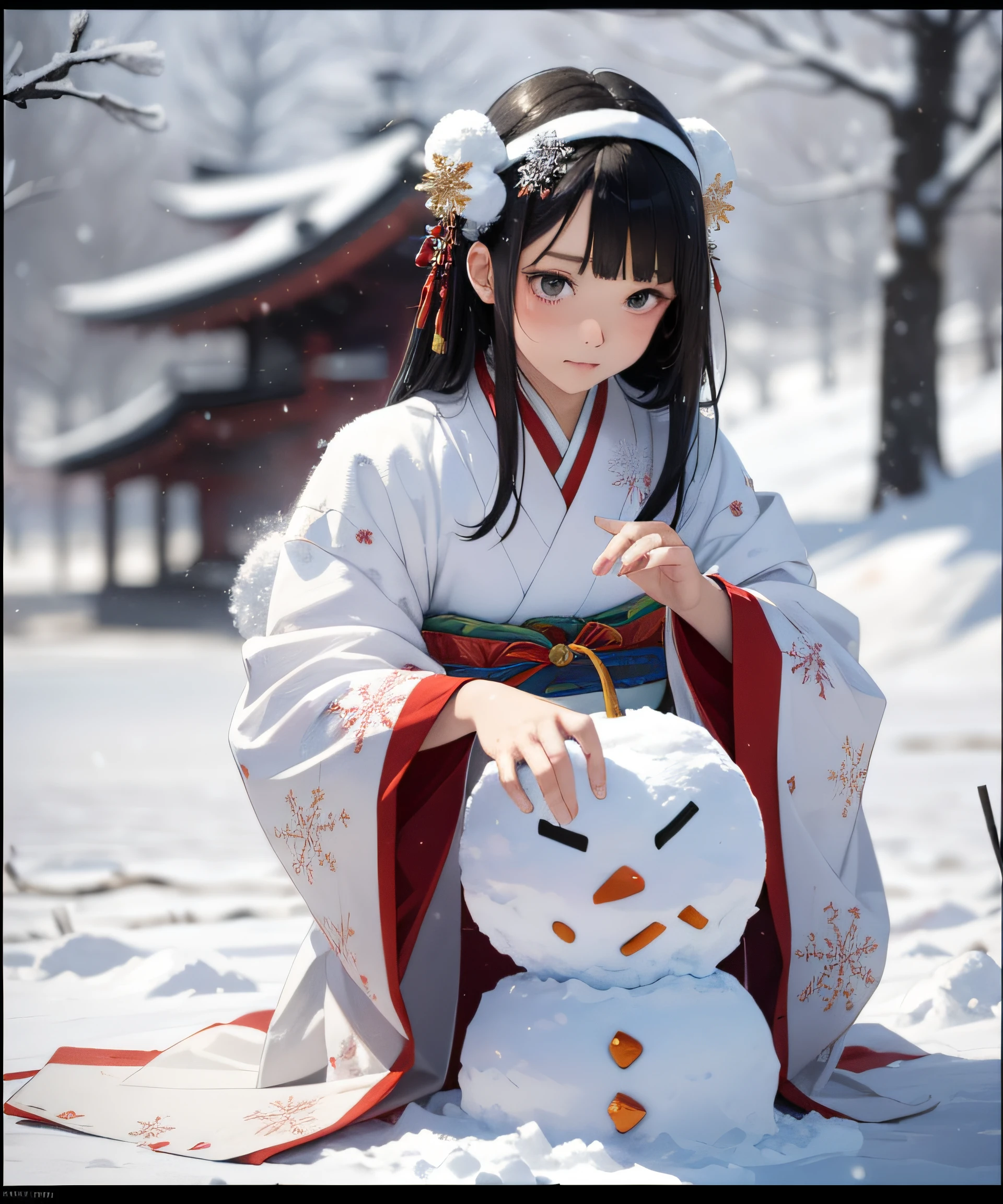 Masterpiece, realistic, highest quality, full body, black long hair, ((((Beautiful Snow Woman)))), ((((Beautiful Snow Woman in Old Tales)))), (Japan white kimono and white obi with long red sleeves fluttering only the obi hanging, face downward and narrowed eyes look up at the viewer)), (((Black hair with snowflake hair ornament and snowman hair fastening)), 20 years old, (Plains in a blizzard)))), ((((without headgear) )), photorealistic, blur background