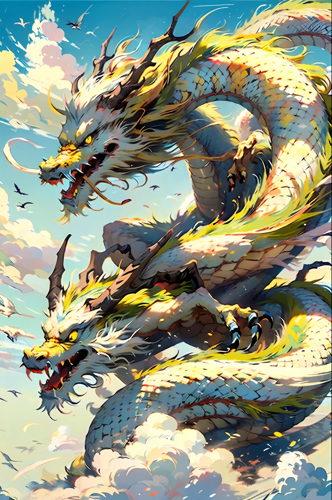 Best quality,masterpiece,ultra high res,nu no humans, (long:1.2),sky, yellow eyes, cloud, scales, eastern dragon, open mouth, sharp teeth, flying, horns, teeth, day, claws, fangs, blue sky