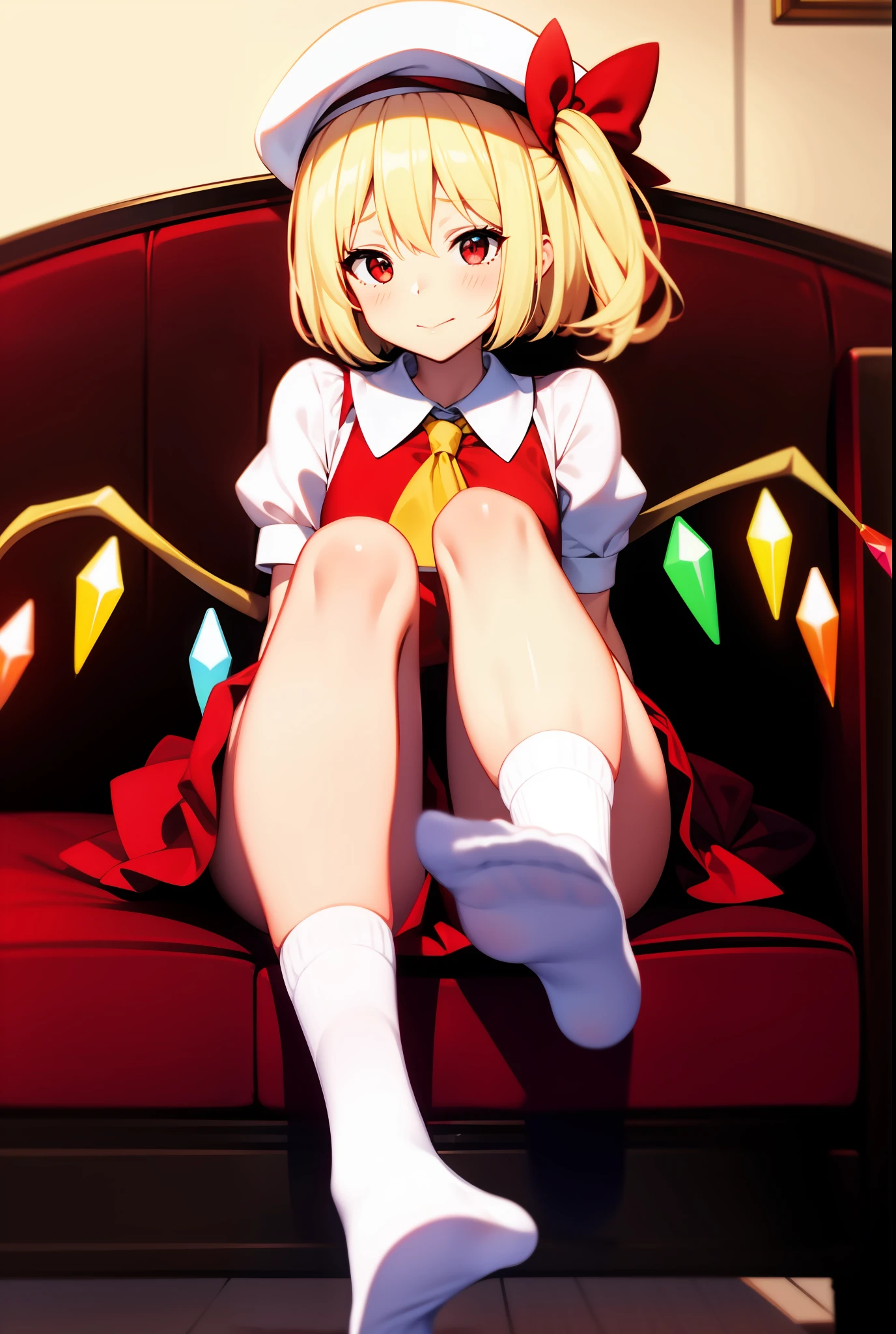 1girl,ankle_socks,arm_support,ascot,blonde_hair,blush,bobby_socks,closed_mouth,convenient_leg,couch,crystal,feet,hat,hat_ribbon,knees_up,long_hair,looking_at_viewer,mob_cap,no_shoes,one_side_up,puffy_short_sleeves,puffy_sleeves,red_eyes,red_skirt,red_vest,ribbon,shirt,short_sleeves,side_ponytail,sitting,skirt,skirt_set,socks,soles,solo,thighs,vest,white_headwear,white_legwear,white_shirt,wings,yellow_ascot,flandre_scarlet