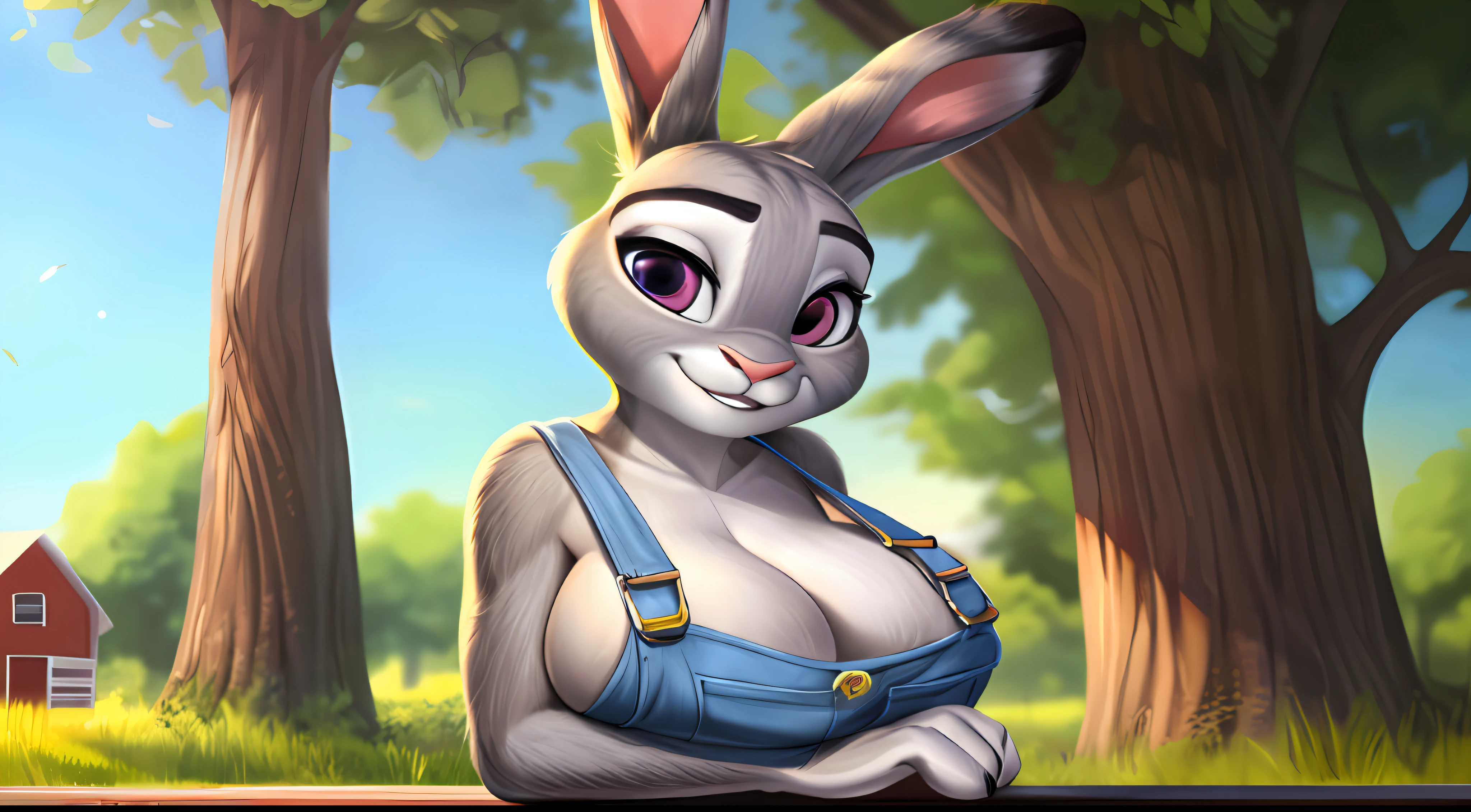 Anthro, nsfw ((overalls)), white fur, hi res, high resolution, (((judy hopps))), solo, female, cleavage, detailed face, sexy pose, e621, detailed hands, detailed eyes, farm background, smile, full body, whole body, ((full body portrait)), far away, (((full body concept))), huge breasts, raw photo, wallpaper, 4k, 8k, masterpiece, art, ((leaning on tree))