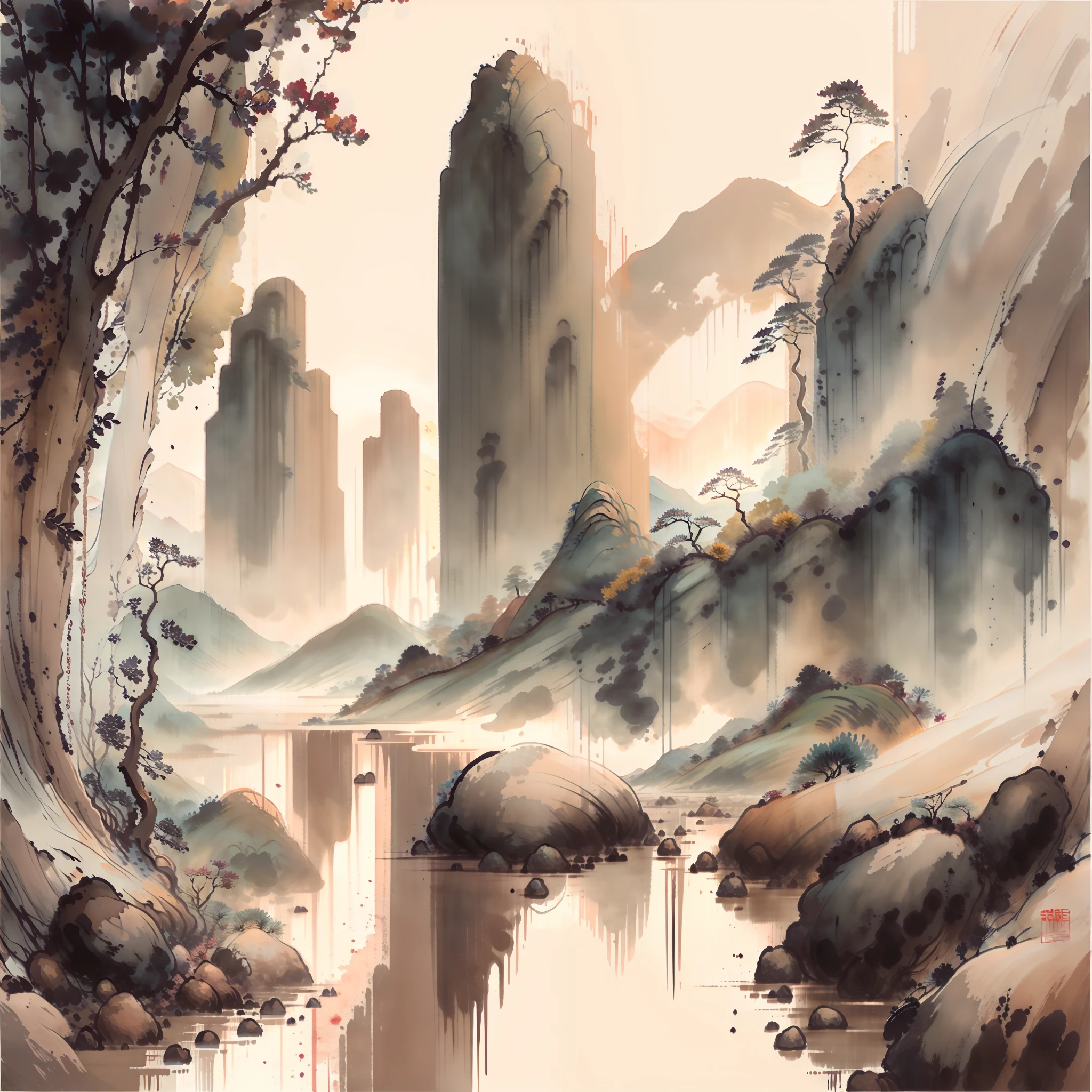 "Fresh and elegant, clean and elegant Chinese style landscape painting, expressing the beauty of natural landscapes and reflecting the harmonious integration of landscape and soul."