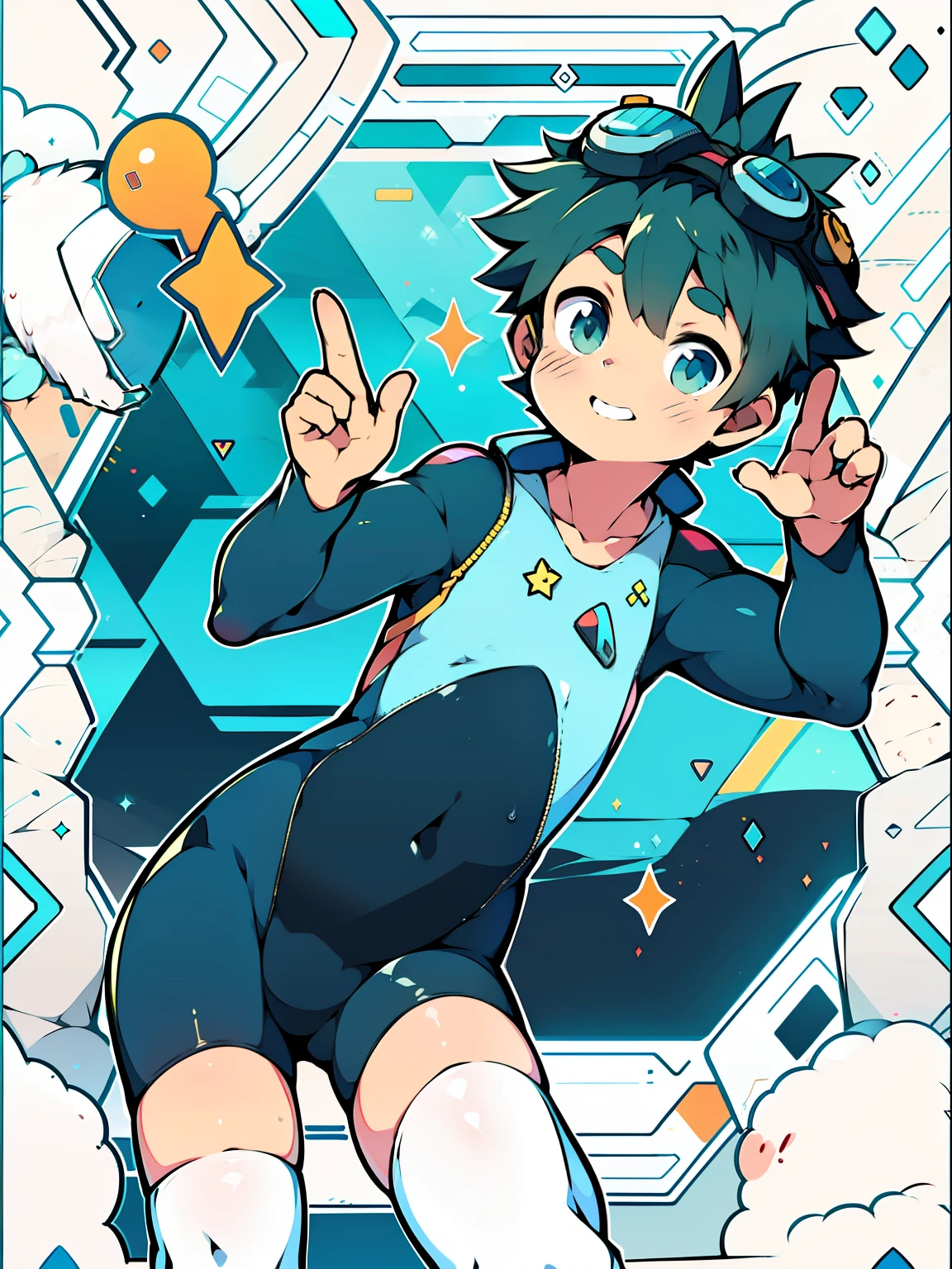 Two-dimensional cartoon boy Shota Shota, (one-piece wetsuit: 5), full body photo, goggles, cute gestures, leg loops, white stockings