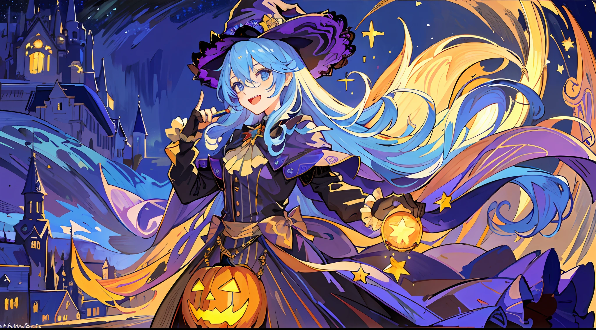 ((masterpiece:1.2, best quality)), 1girl, solo, (witch hat), a close up of a girl with curly hair, dress, aurora, night, star (sky), gloves, sky, dress, night sky, open mouth, starry sky, light blue eyes, ribbons, smile, cape, colorful hair, magic, casting spell, night, (impressionism:1.4), alphonse mucha, Halloween colors, colorful candy, magical lights, pumpkins, candies, spooky castle cathedral background