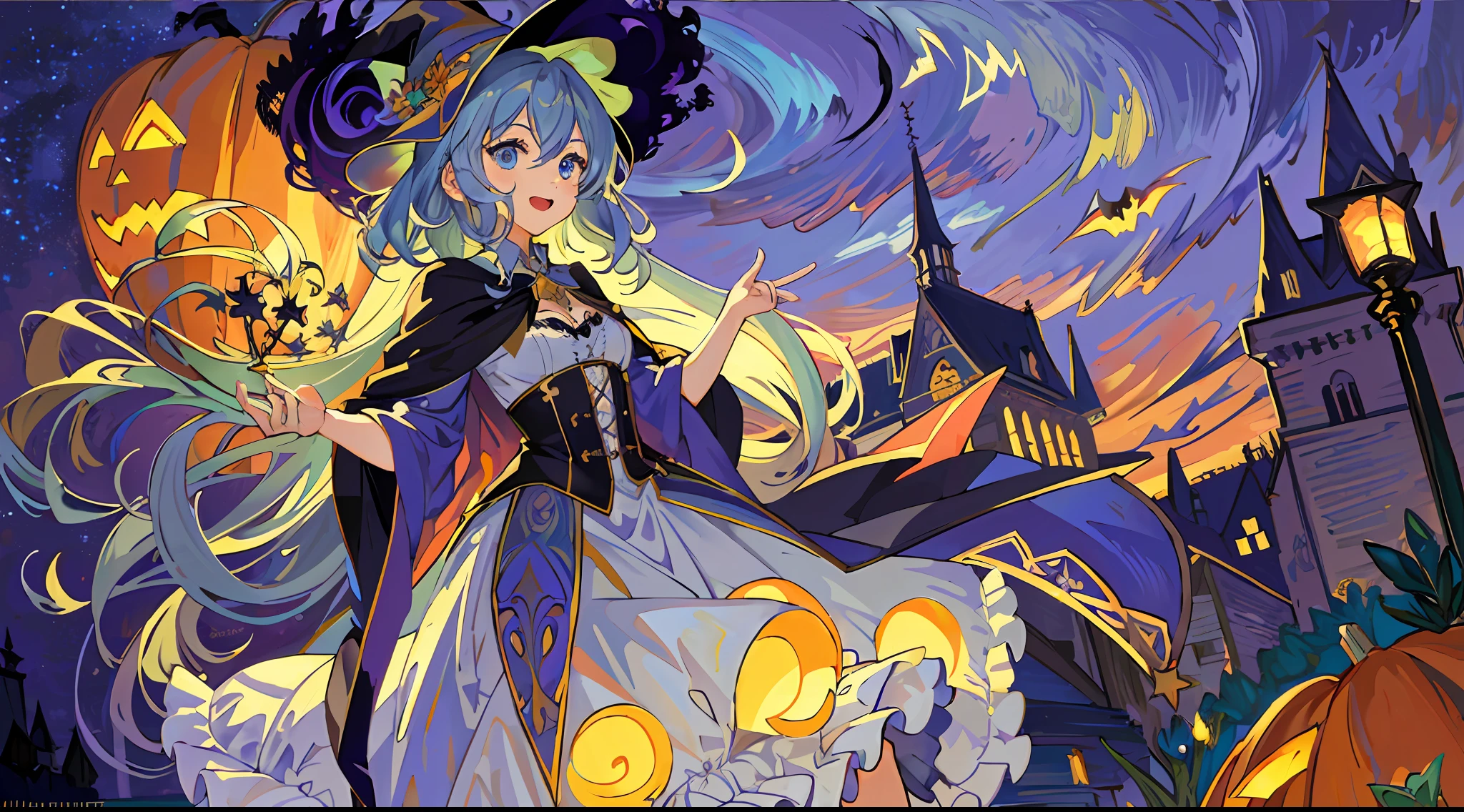 ((masterpiece:1.2, best quality)), 1girl, solo, (witch hat), a close up of a girl with curly hair, dress, aurora, night, star (sky), gloves, sky, dress, night sky, open mouth, starry sky, light blue eyes, ribbons, smile, cape, colorful hair, magic, casting spell, night, (impressionism:1.4), alphonse mucha, Halloween colors, colorful candy, magical lights, pumpkins, candies, spooky castle cathedral background