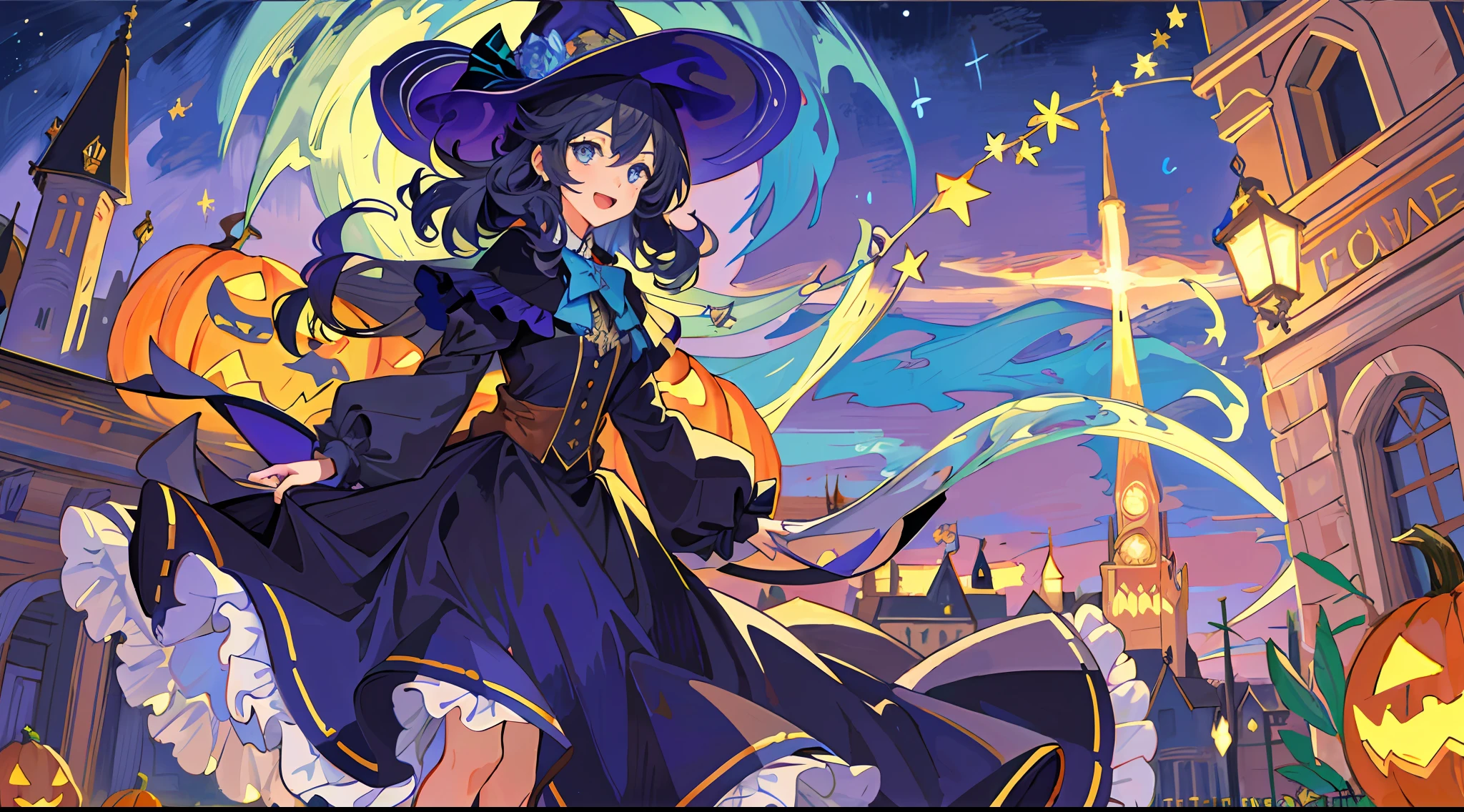 ((masterpiece:1.2, best quality)), 1girl, solo, (witch hat), a close up of a girl with curly hair, dress, aurora, night, star (sky), gloves, sky, dress, night sky, open mouth, starry sky, light blue eyes, ribbons, smile, cape, colorful hair, magic, casting spell, night, (impressionism:1.4), alphonse mucha, Halloween colors, colorful candy, magical lights, pumpkins, candies, spooky castle cathedral background