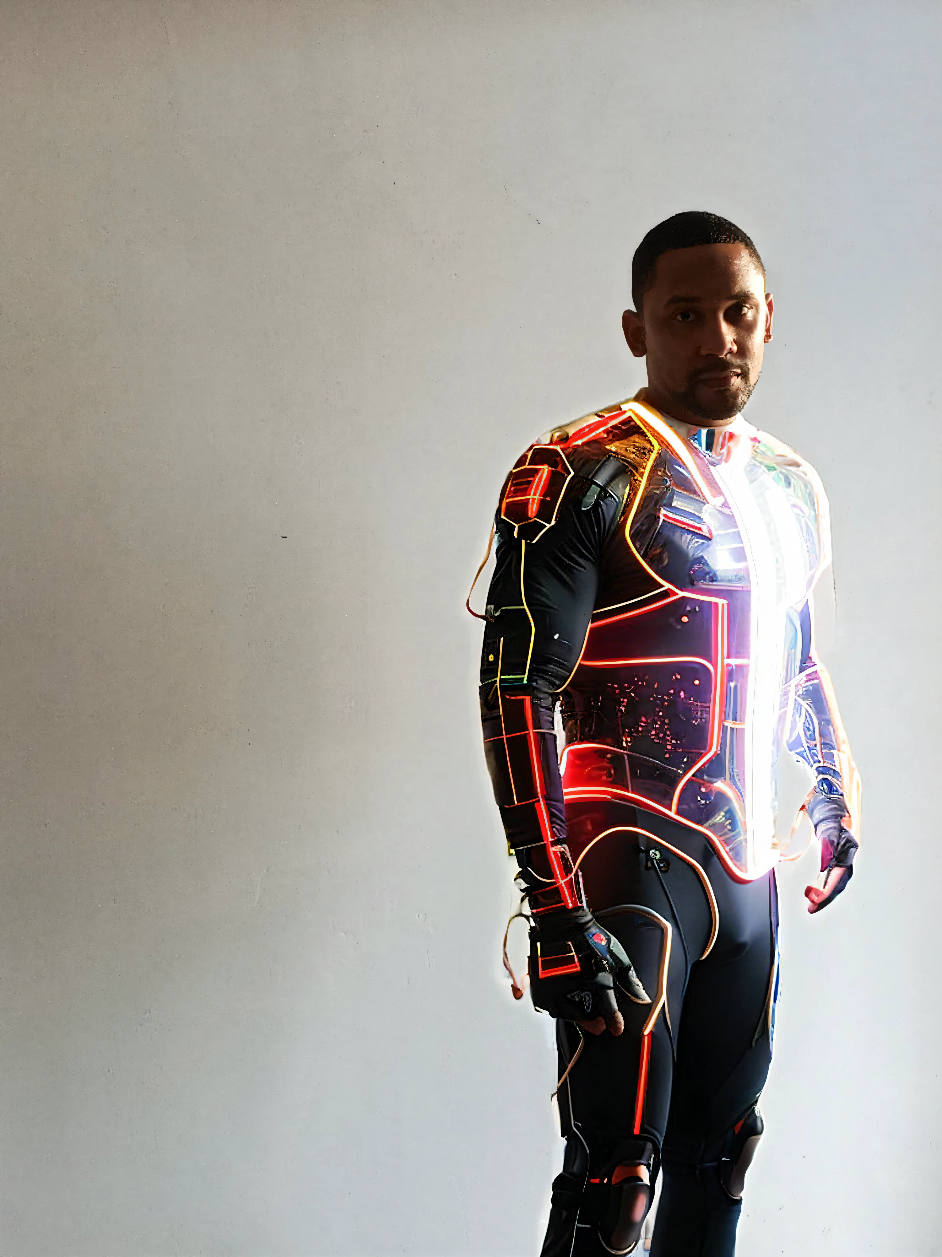 cyborg man body, exposed wires, holographic texture, muscular body, turned skin, holography, galaxy, uniform, robot, technology, cyberpunk, holographic clothing, muscle man, cosmic, colored lights, neon, holographic, stealth-color