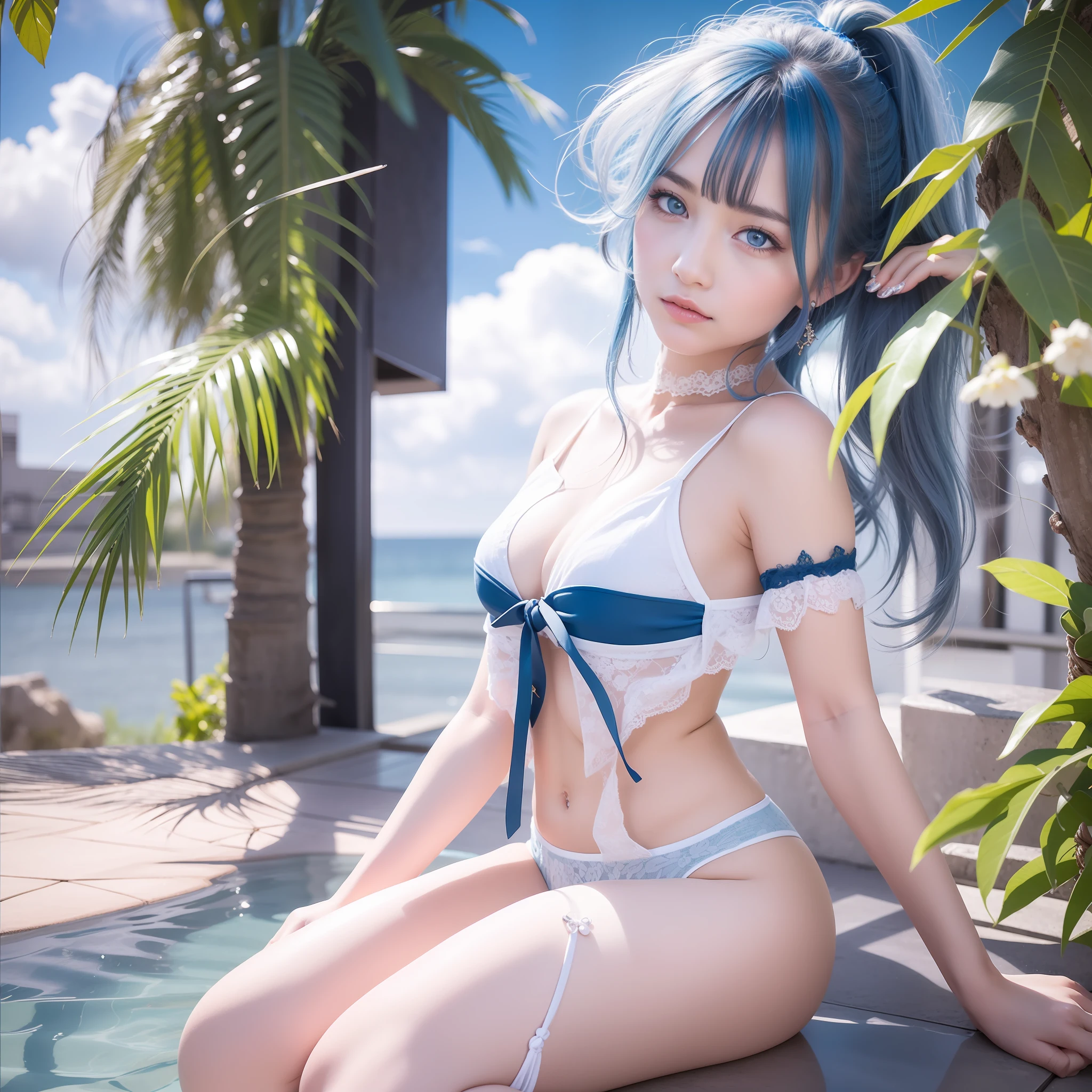 Young girl,bleu hair, blue ayes,sexy,realistic, ultra detail,70mm lens