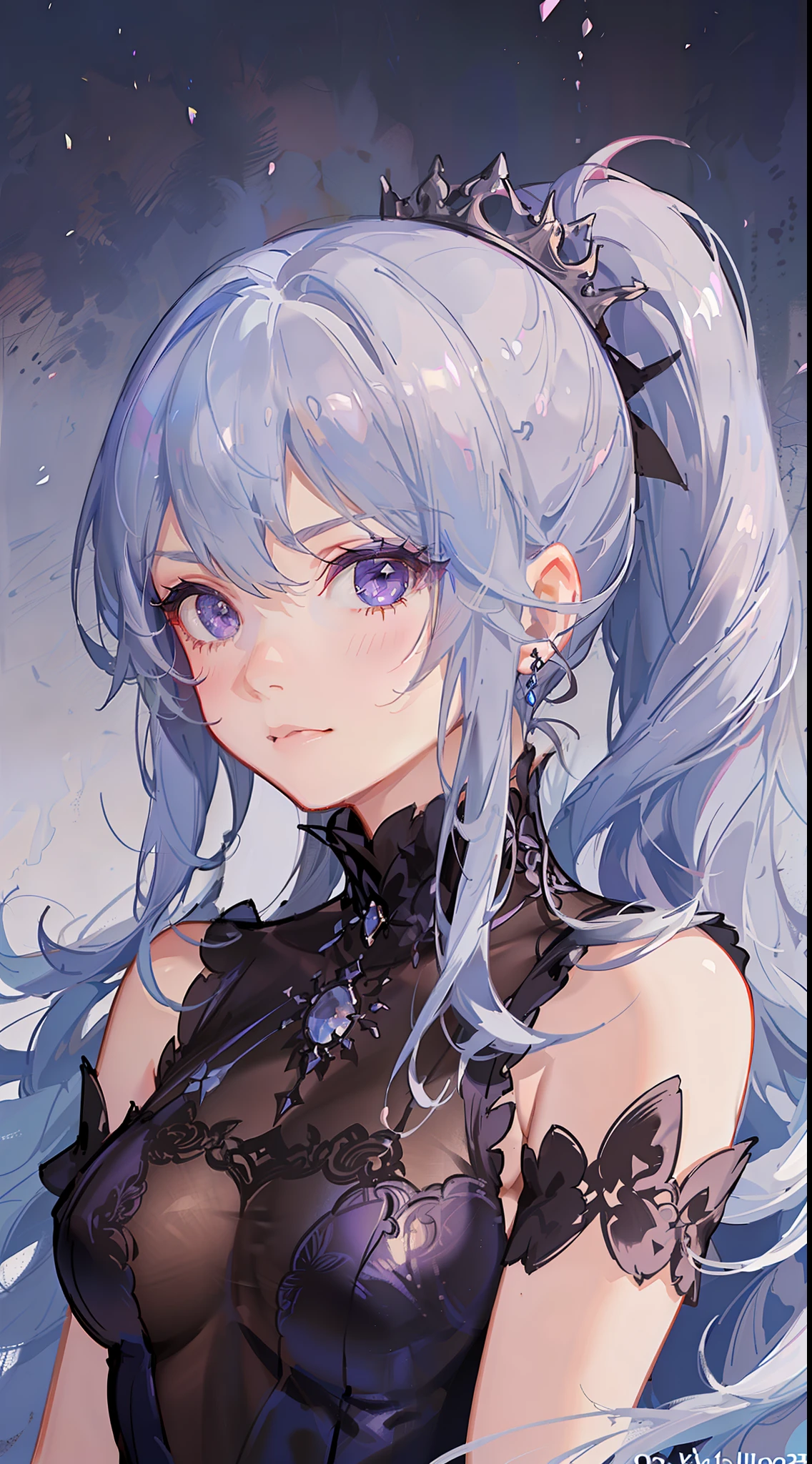 Young girl, long white hair, high ponytail, purple eyes, purple princess dress, evil look, masterpiece, high quality