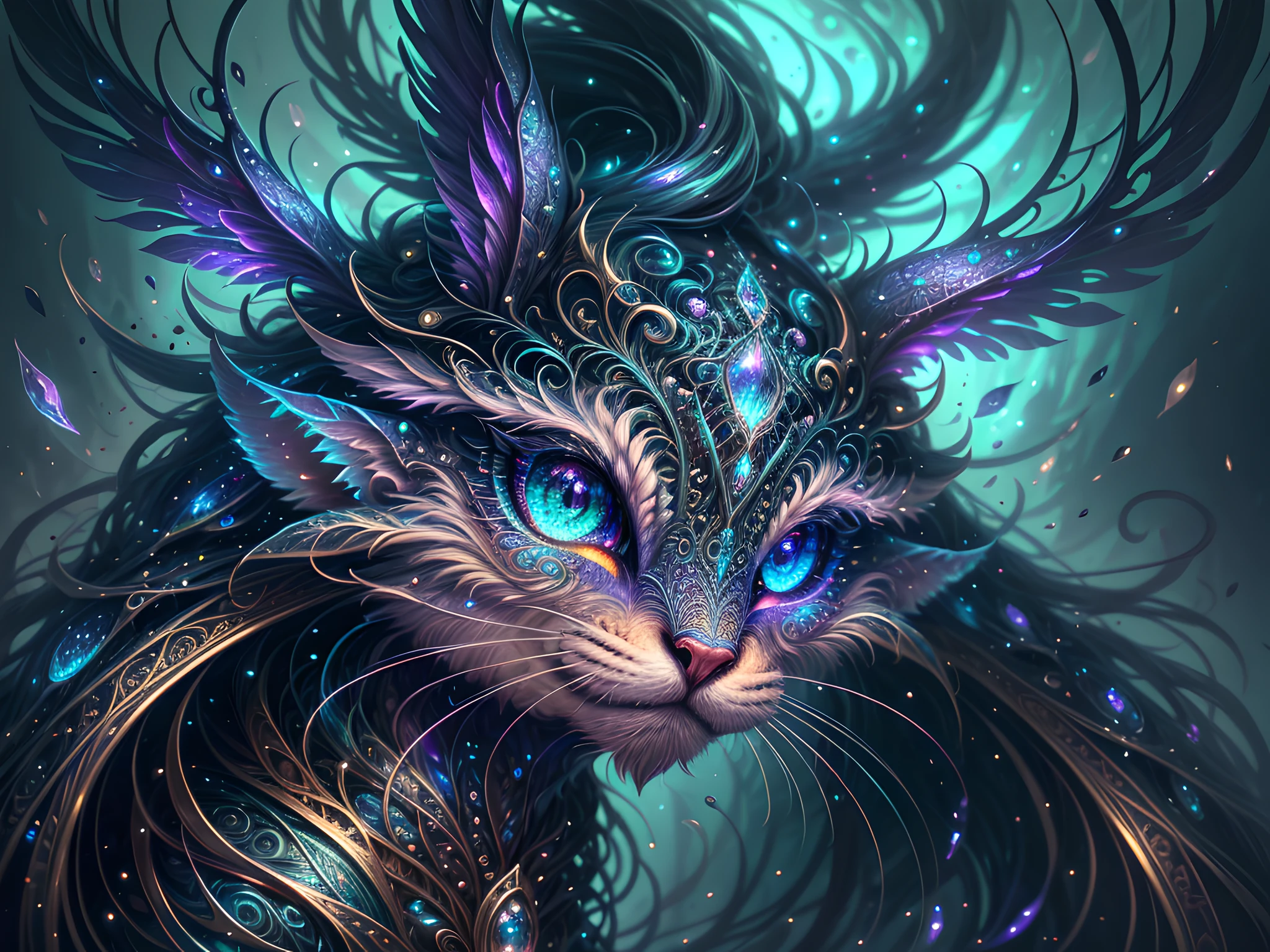 Generate a beautiful magical creature. The creature should be majestic and stunning with hires eyes and lots of intricate fantasy details. Include 8k eyes, highly detailed eyes, extremely detailed eyes, macro eyes, bright clear eyes, and sharp eyes. The image should be a masterpiece and contain fantasy vibes and phantasmal iridescence.