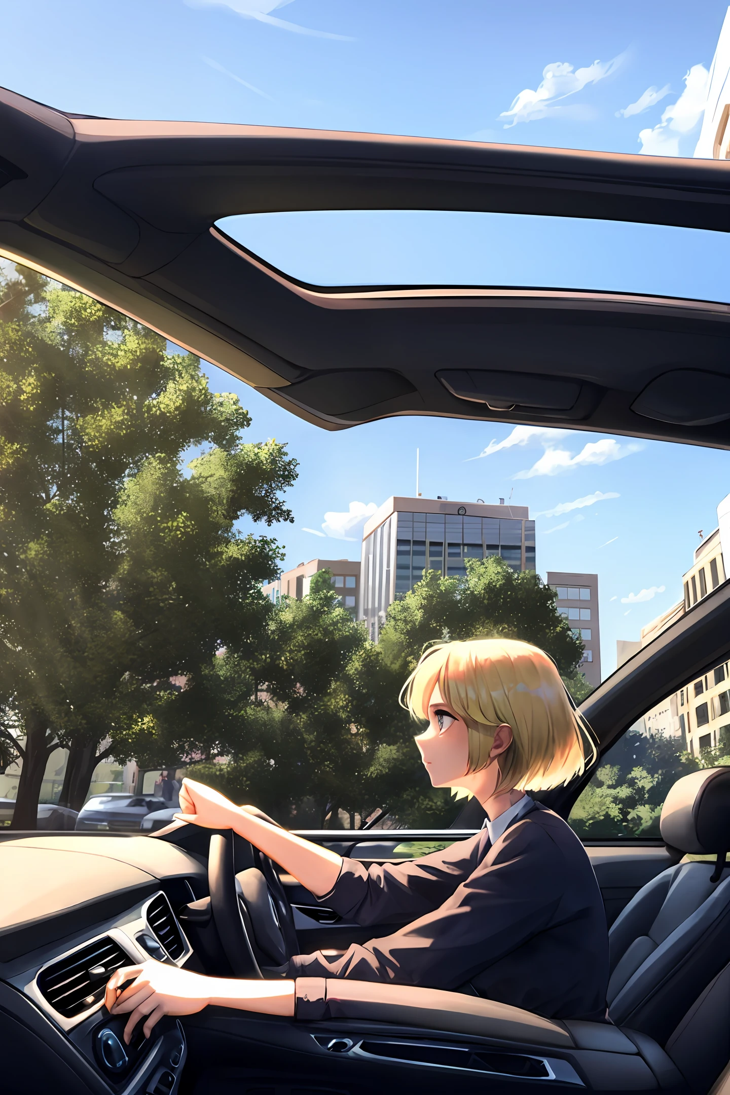 woman, car ride, short blonde hair, city of the past
